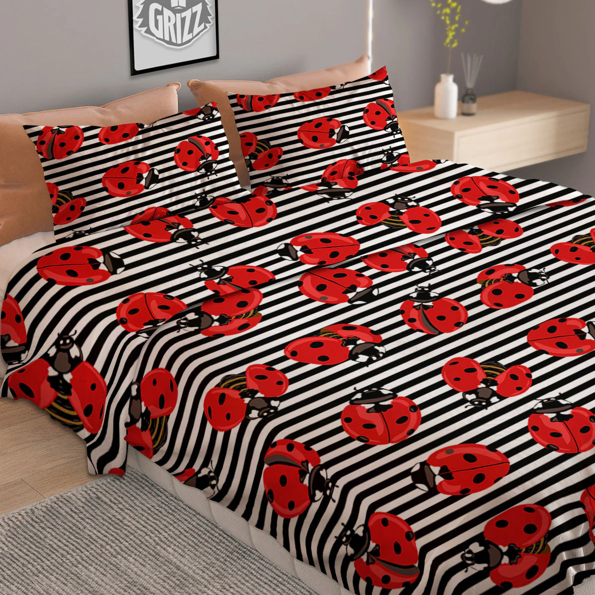 Striped Ladybug Print Pattern Duvet Cover Bedding Set - Image 2