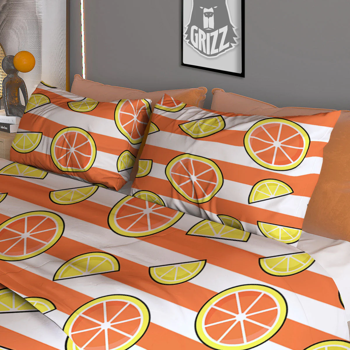 Striped Lemon And Orange Print Pattern Duvet Cover Bedding Set - Image 3