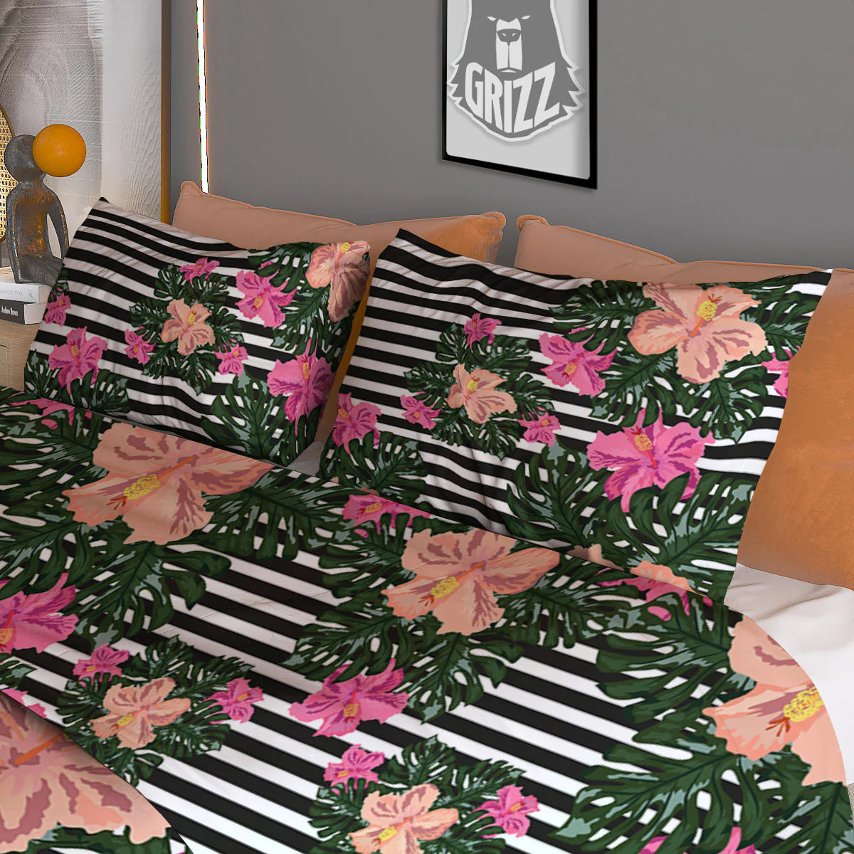 Striped Plumeria Flower Print Pattern Duvet Cover Bedding Set - Image 3