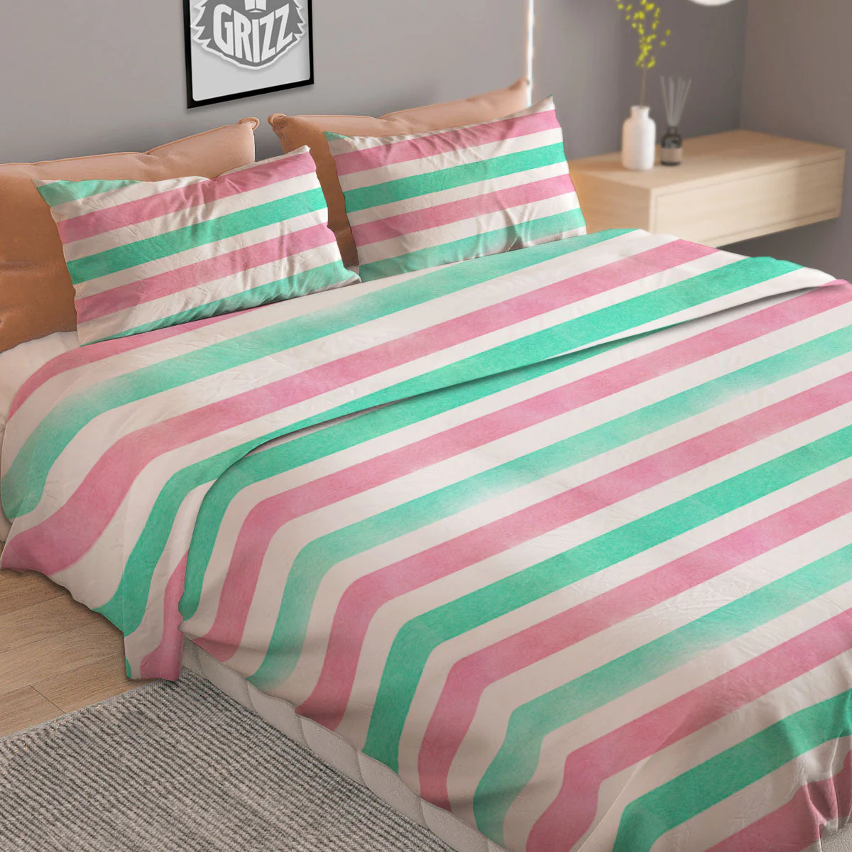 Striped Teal And Pink Print Pattern Duvet Cover Bedding Set - Image 2