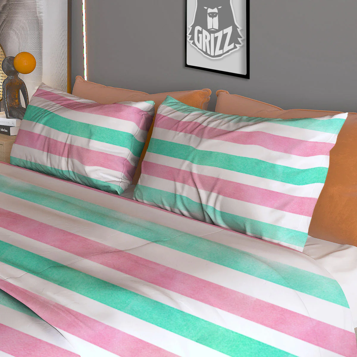 Striped Teal And Pink Print Pattern Duvet Cover Bedding Set - Image 3