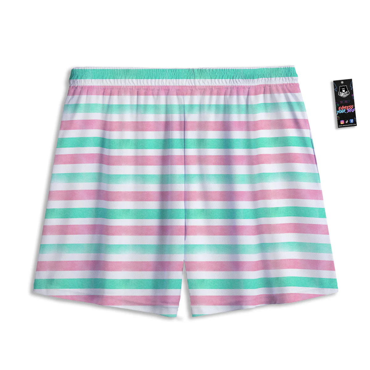 Striped Teal And Pink Print Pattern Mesh Shorts - Image 2