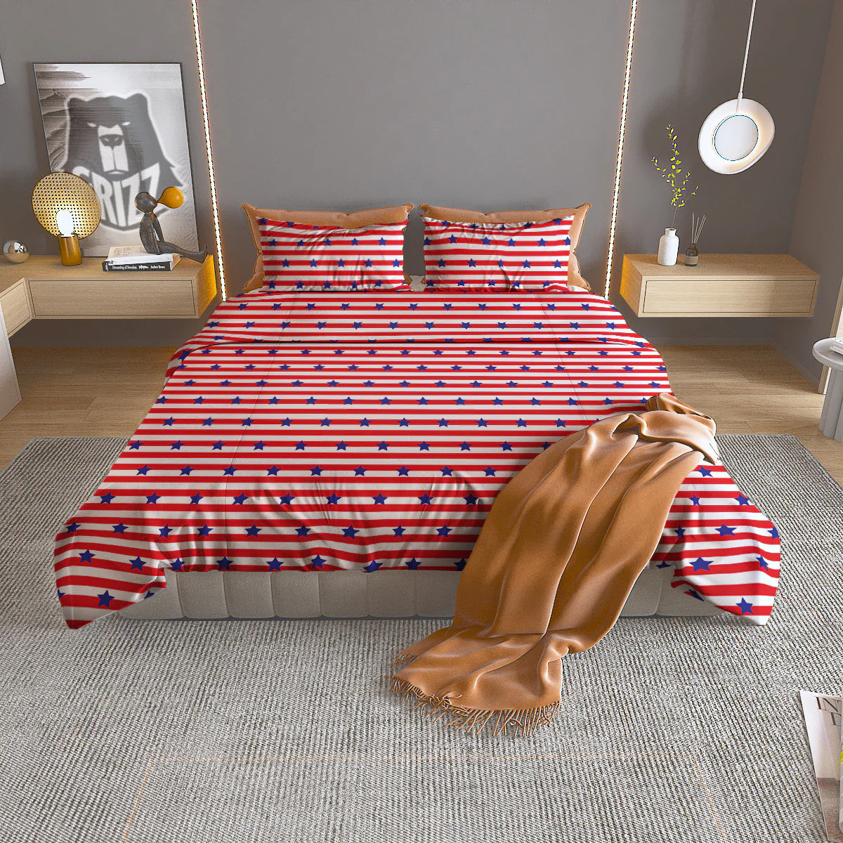 Striped USA Patriotic Print Pattern Duvet Cover Bedding Set
