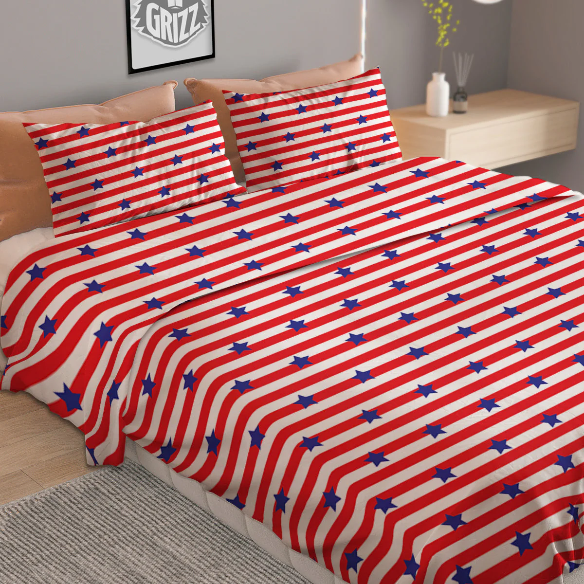 Striped USA Patriotic Print Pattern Duvet Cover Bedding Set - Image 2