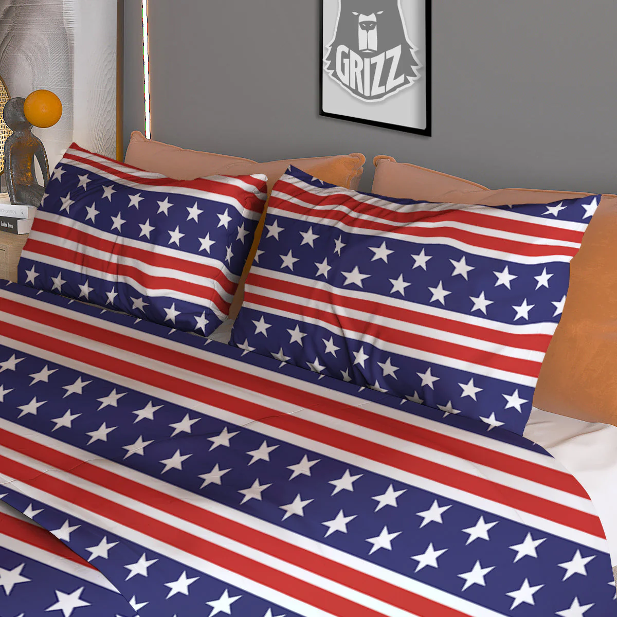 Striped USA Print Pattern Duvet Cover Bedding Set - Image 3