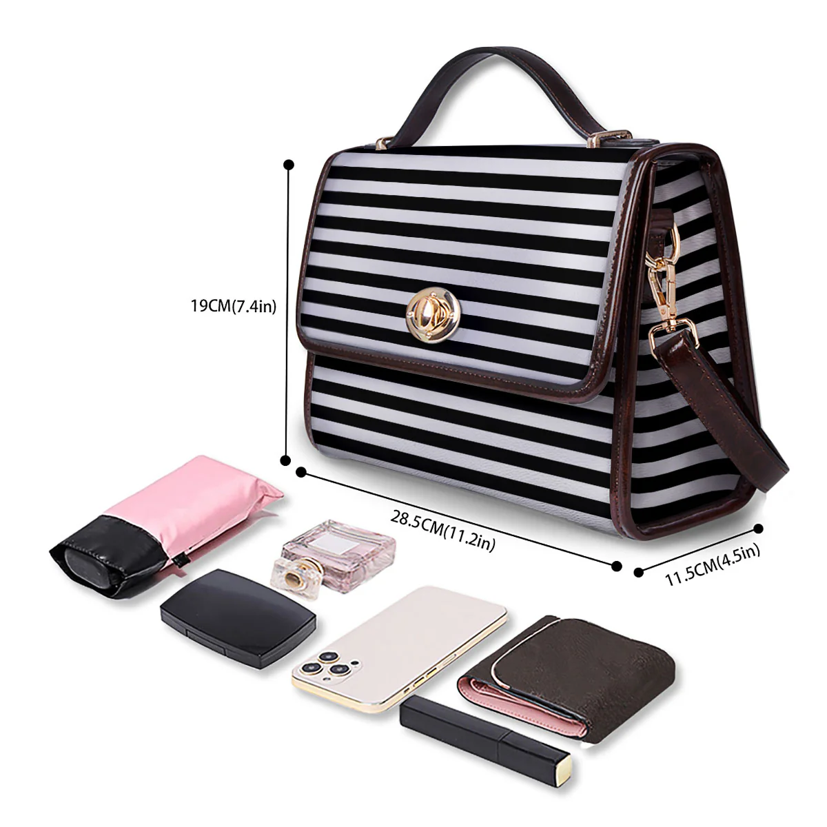 Striped White And Black Print Pattern Women's Satchel Bag - Image 4