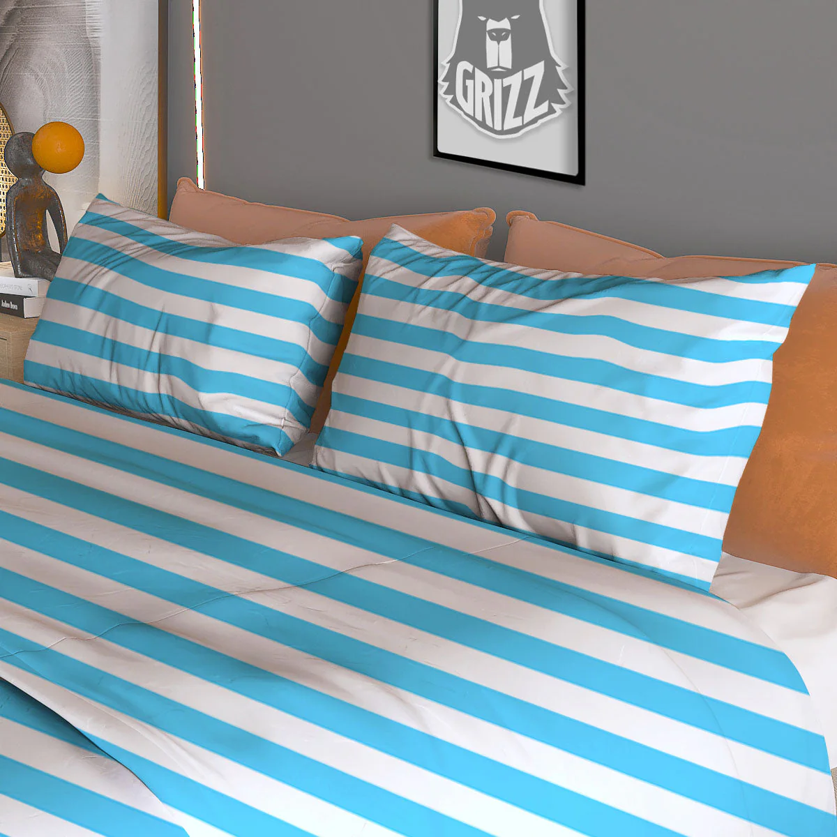 Striped White And Blue Print Pattern Duvet Cover Bedding Set - Image 3