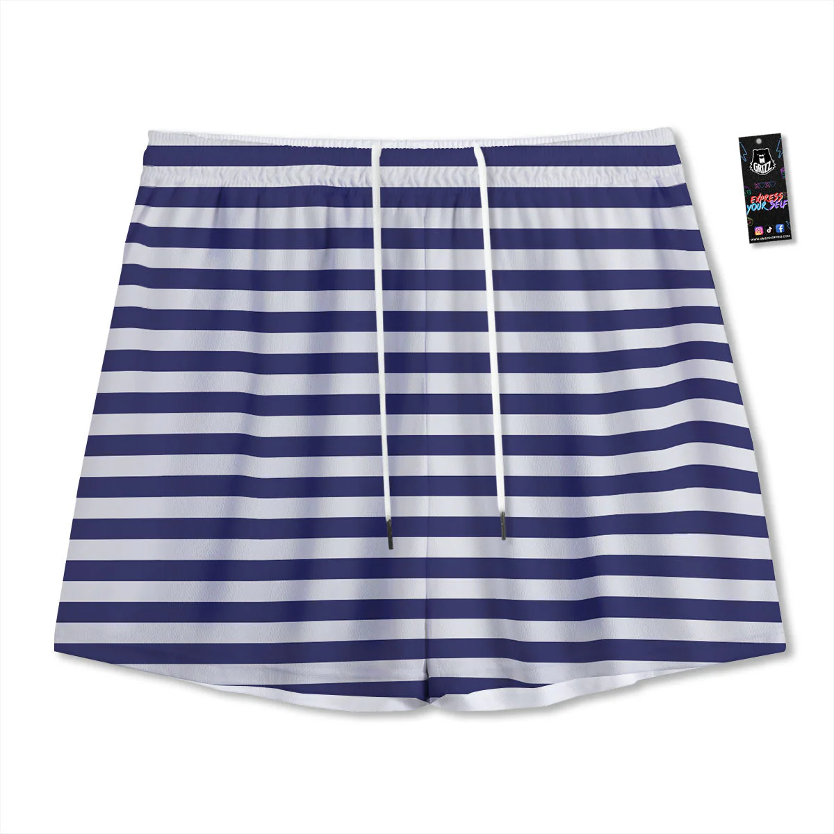 Striped White And Navy Print Pattern Mesh Shorts