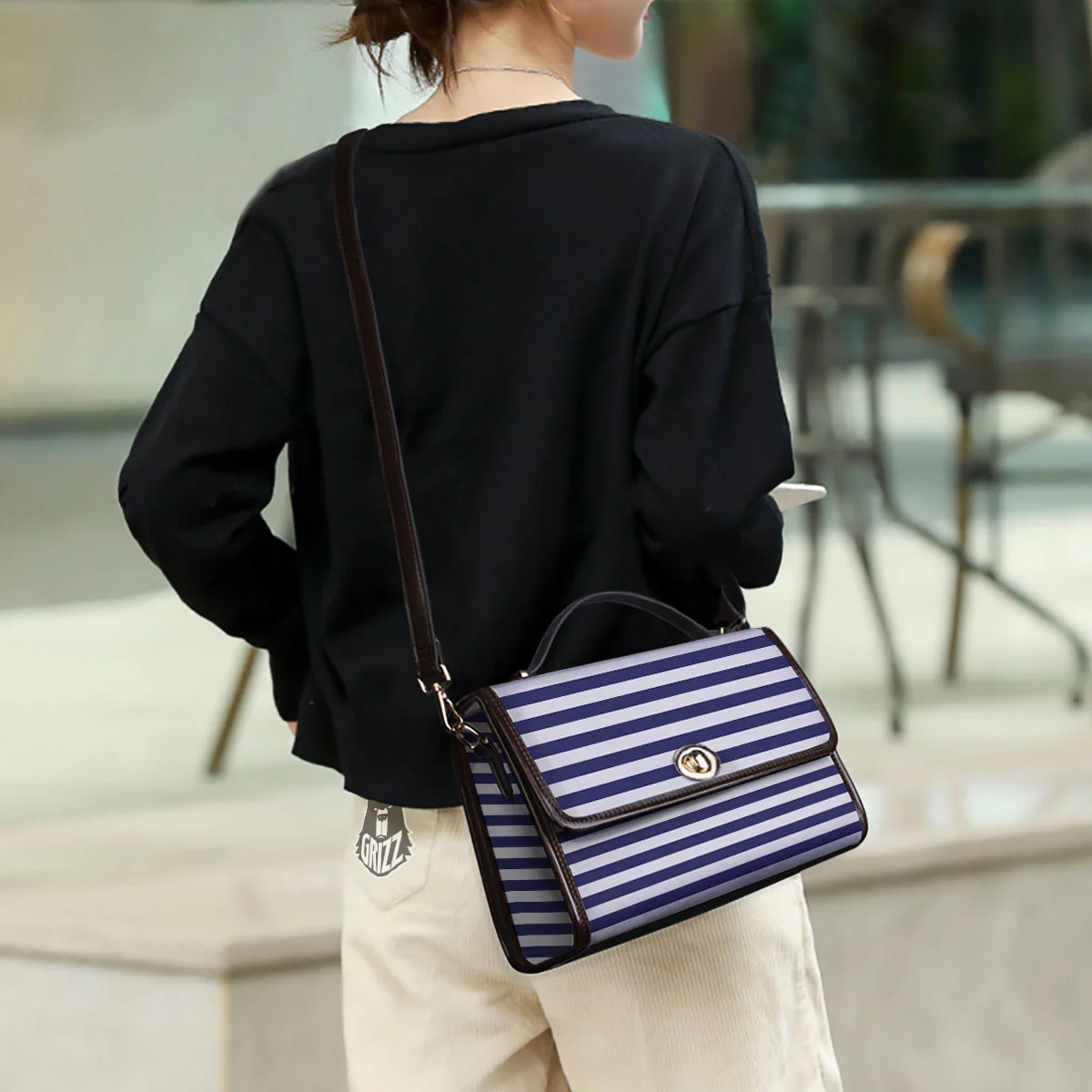 Striped White And Navy Print Pattern Women's Satchel Bag - Image 3