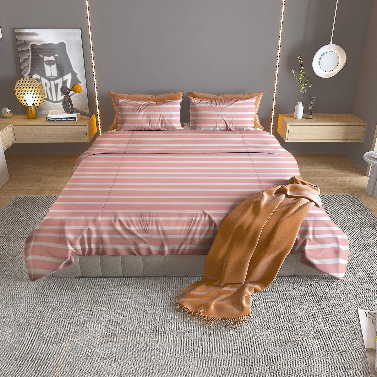 Striped White And Pink Print Pattern Duvet Cover Bedding Set