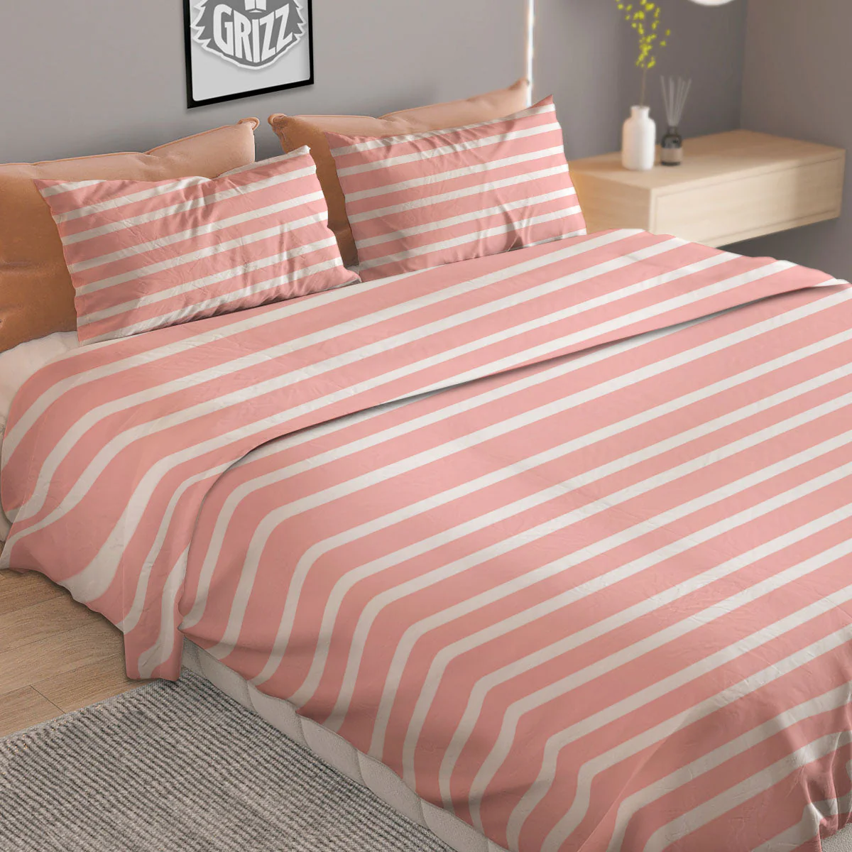 Striped White And Pink Print Pattern Duvet Cover Bedding Set - Image 2