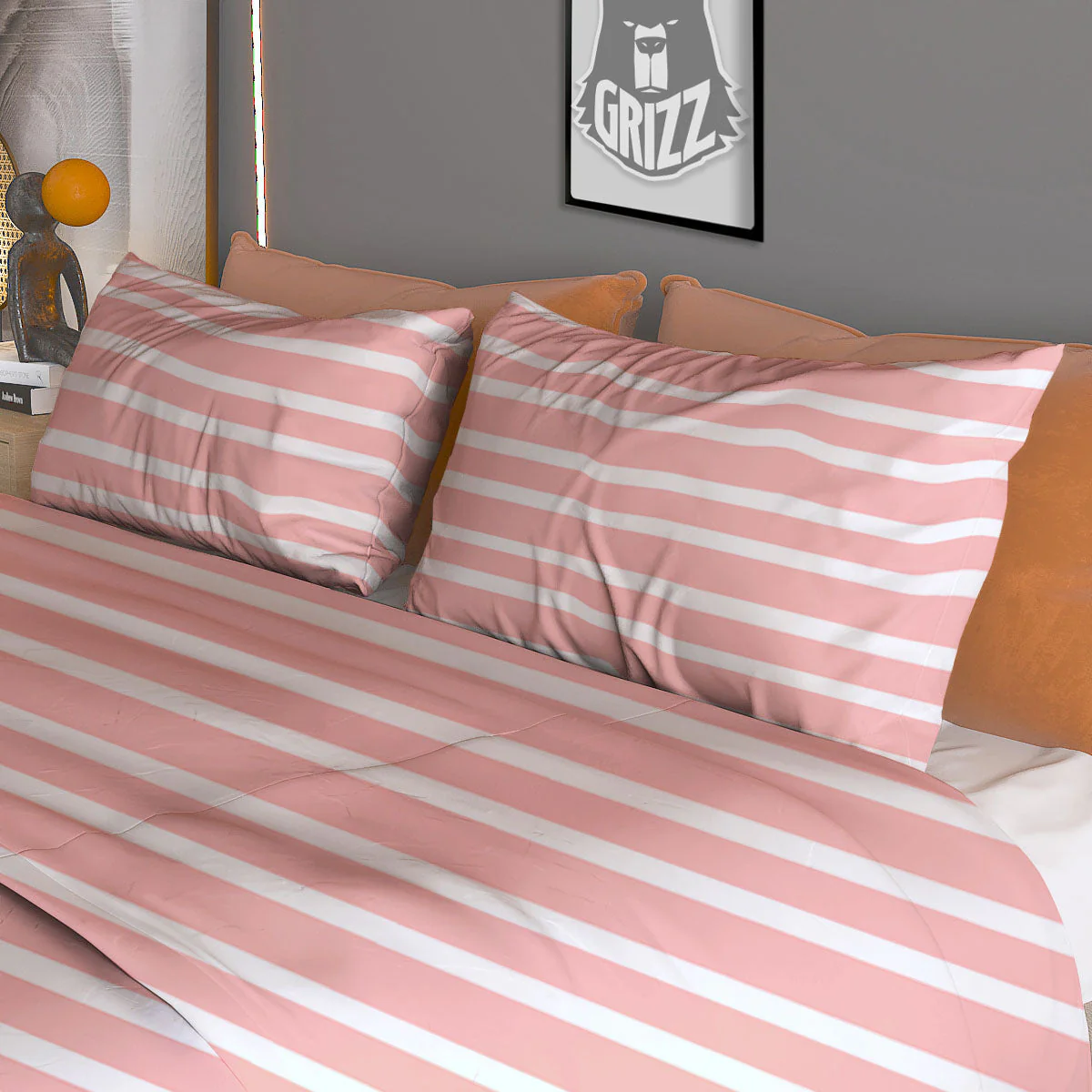 Striped White And Pink Print Pattern Duvet Cover Bedding Set - Image 3