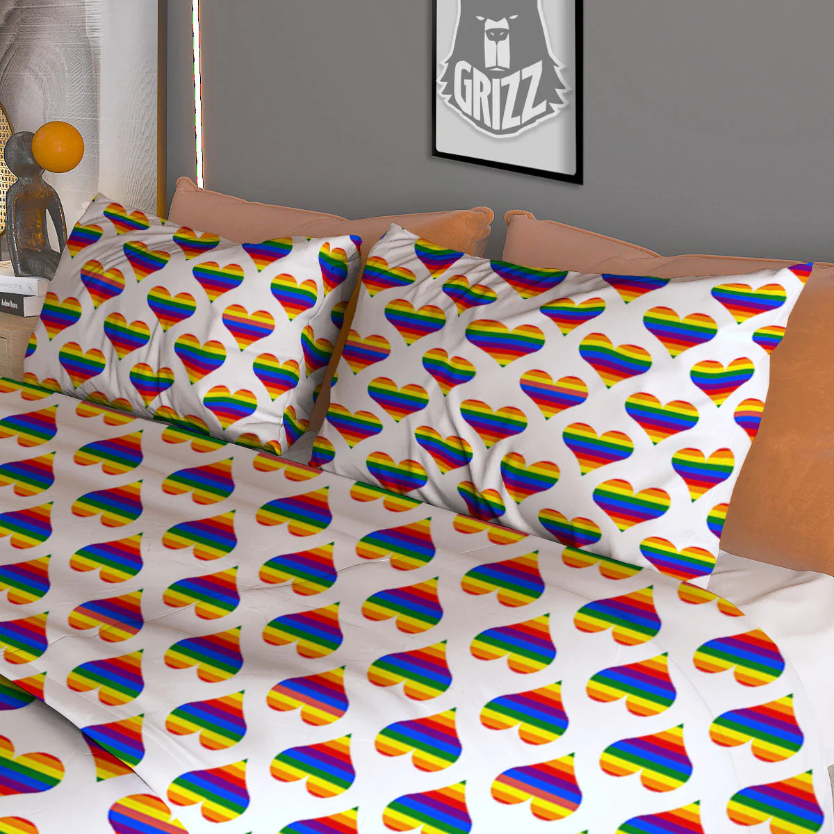 Striped White Heart On LGBT Pride Print Pattern Duvet Cover Bedding Set - Image 3