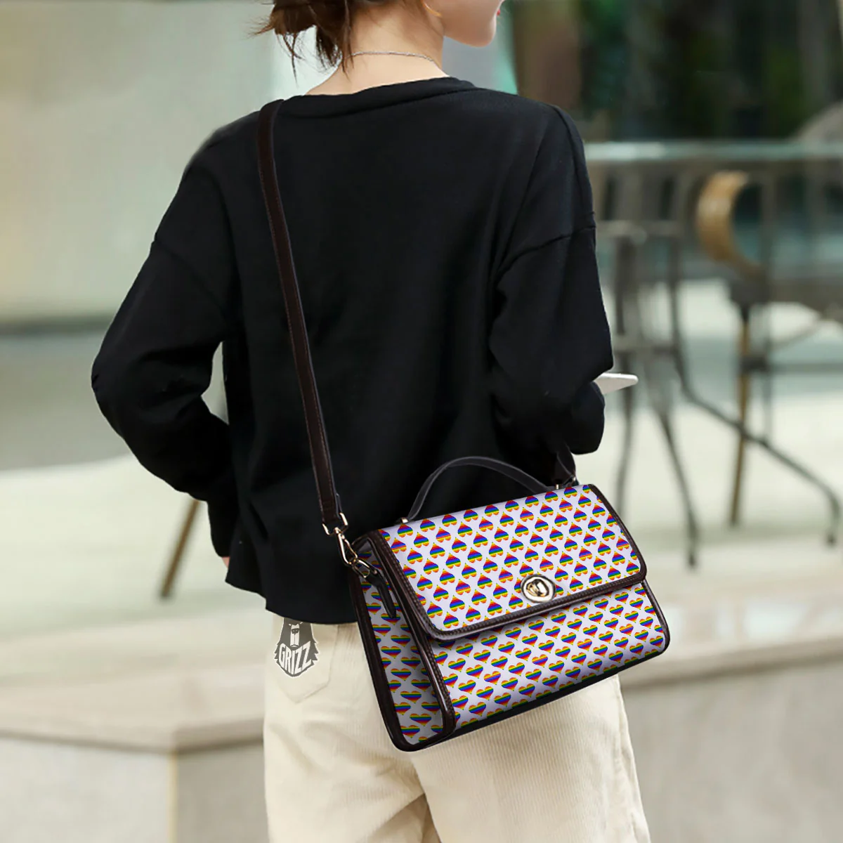 Striped White Heart On LGBT Pride Print Pattern Women's Satchel Bag - Image 3