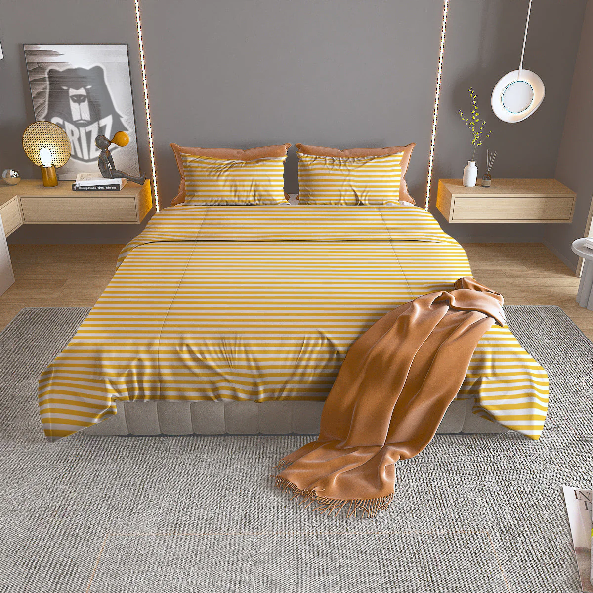 Striped Yellow And White Print Pattern Duvet Cover Bedding Set