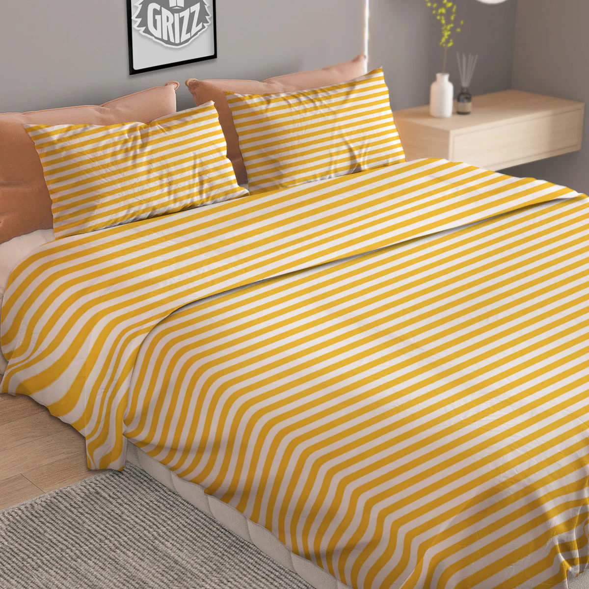Striped Yellow And White Print Pattern Duvet Cover Bedding Set - Image 2