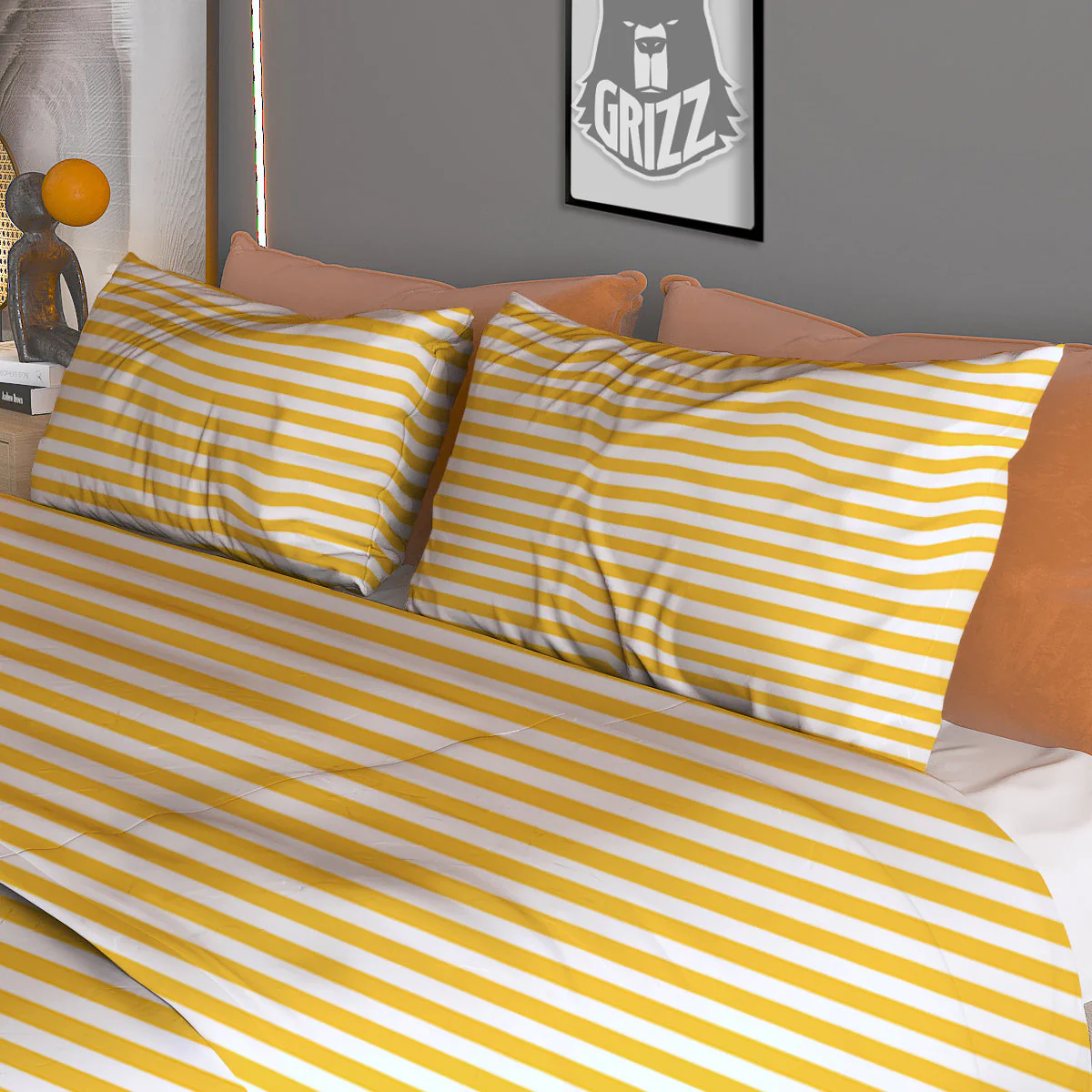 Striped Yellow And White Print Pattern Duvet Cover Bedding Set - Image 3