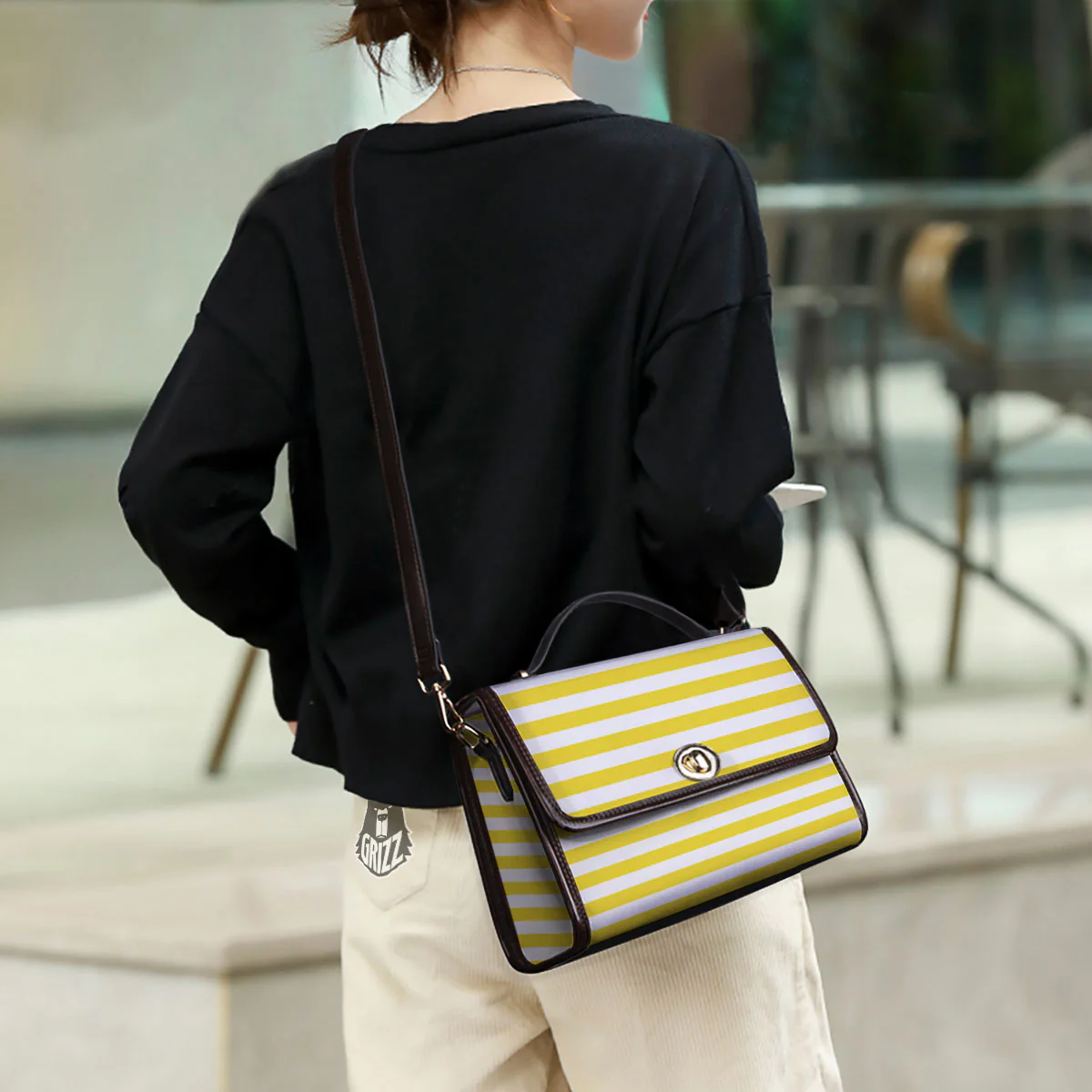Striped Yellow Print Pattern Women's Satchel Bag - Image 3