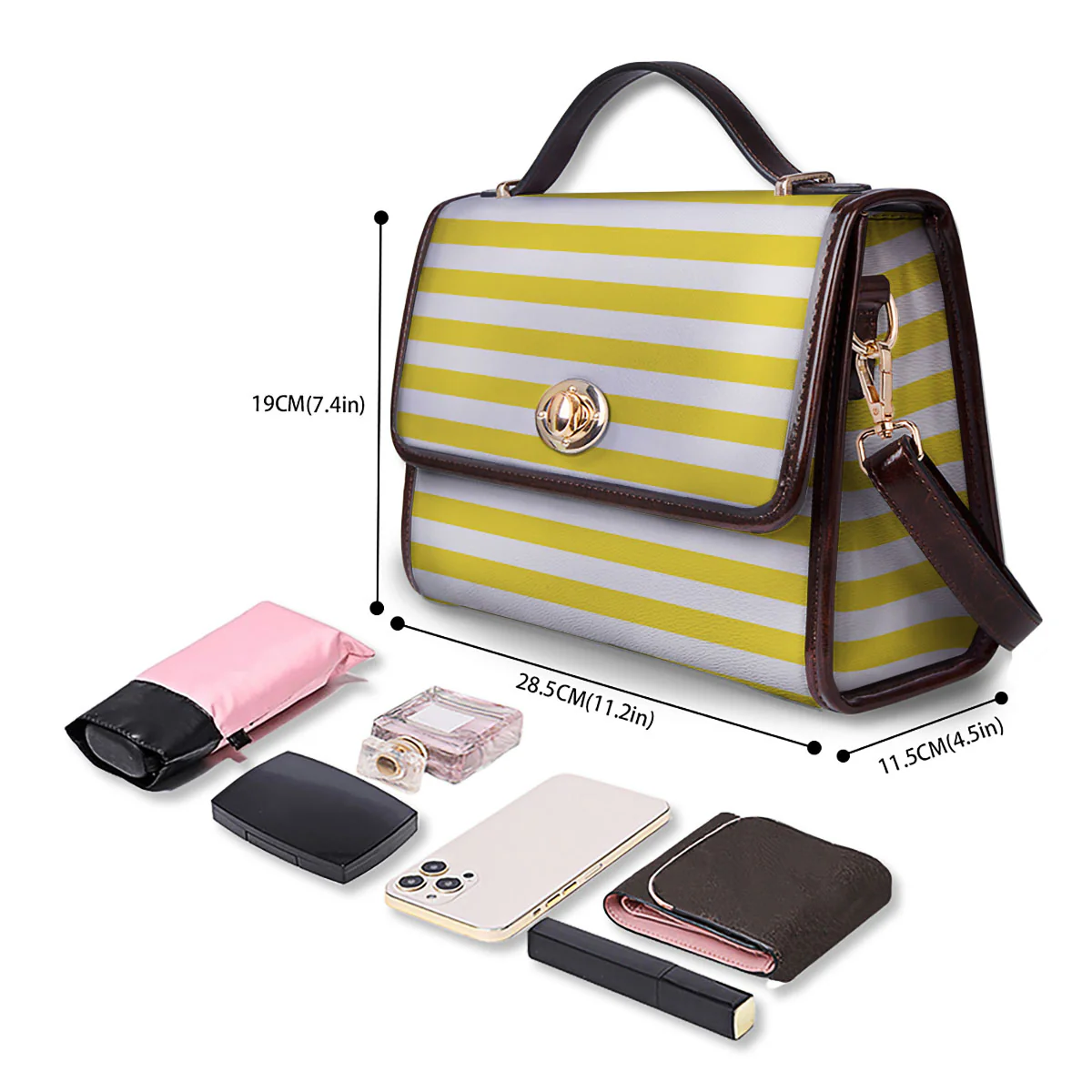 Striped Yellow Print Pattern Women's Satchel Bag - Image 4