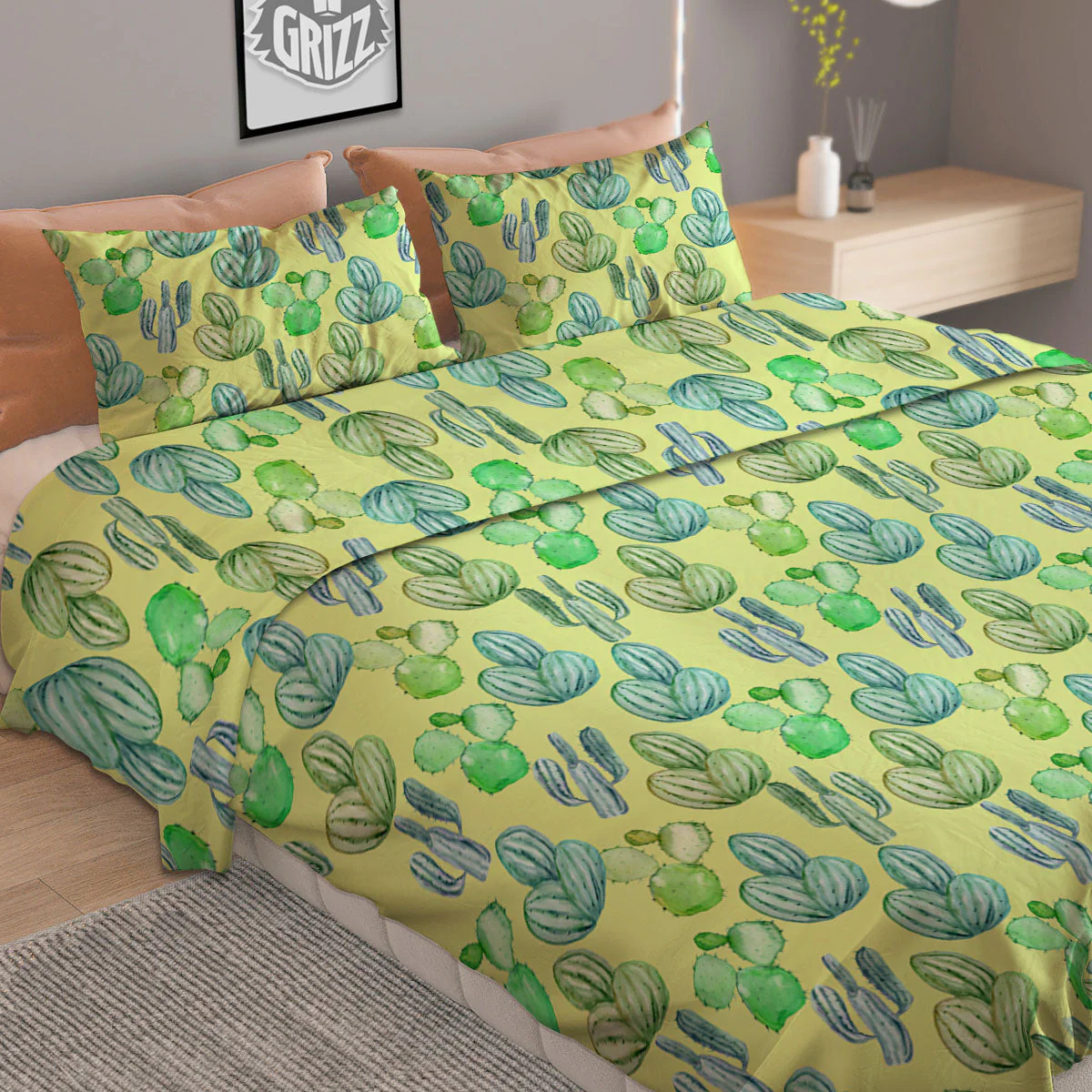Succulent And Pastel Cactus Print Duvet Cover Bedding Set - Image 2