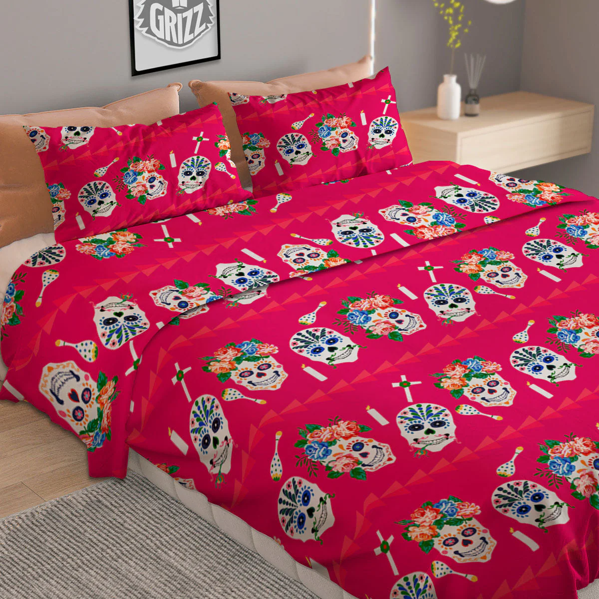 Sugar Skull Pink Print Pattern Duvet Cover Bedding Set - Image 2