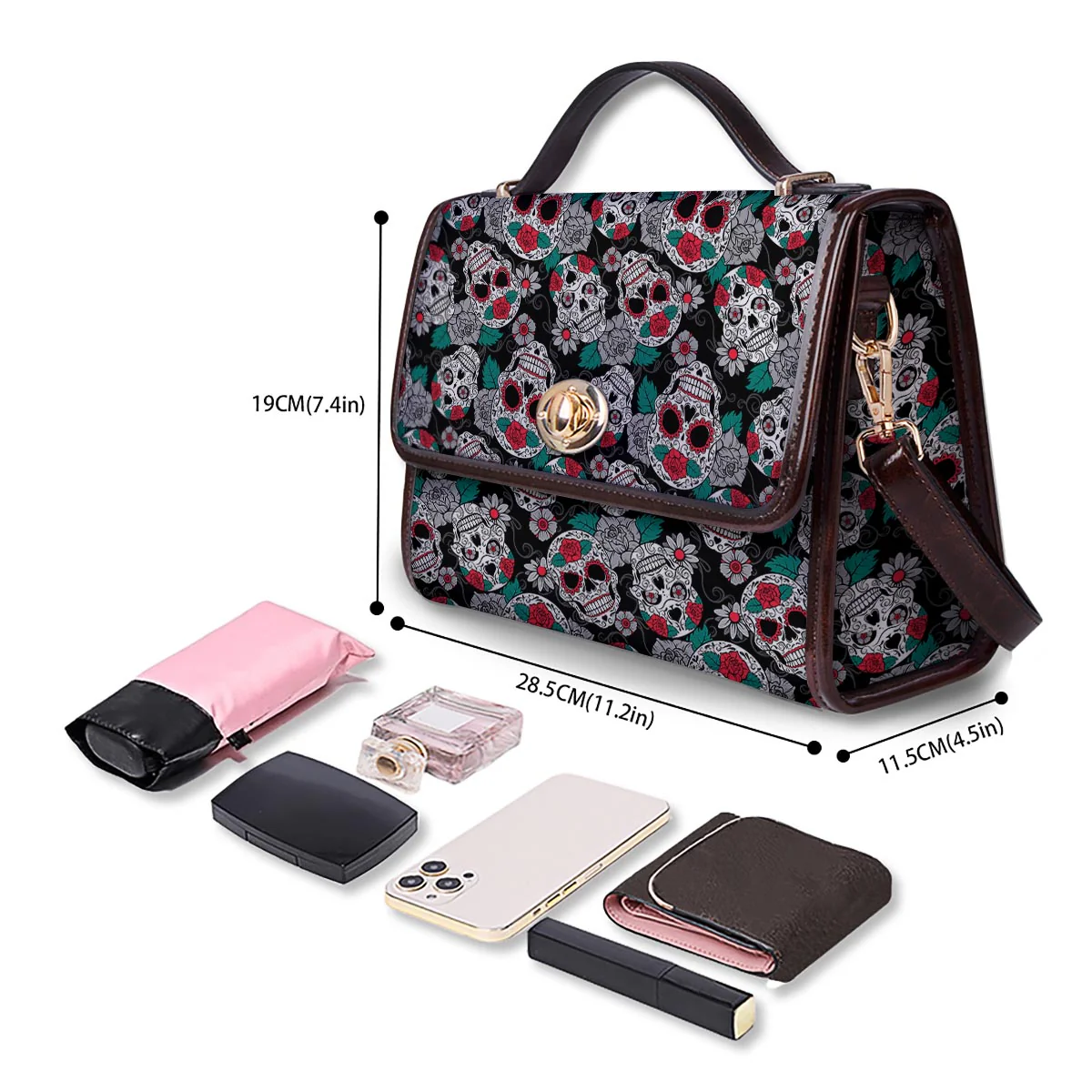 Sugar Skull Rose Floral Print Pattern Women's Satchel Bag - Image 4