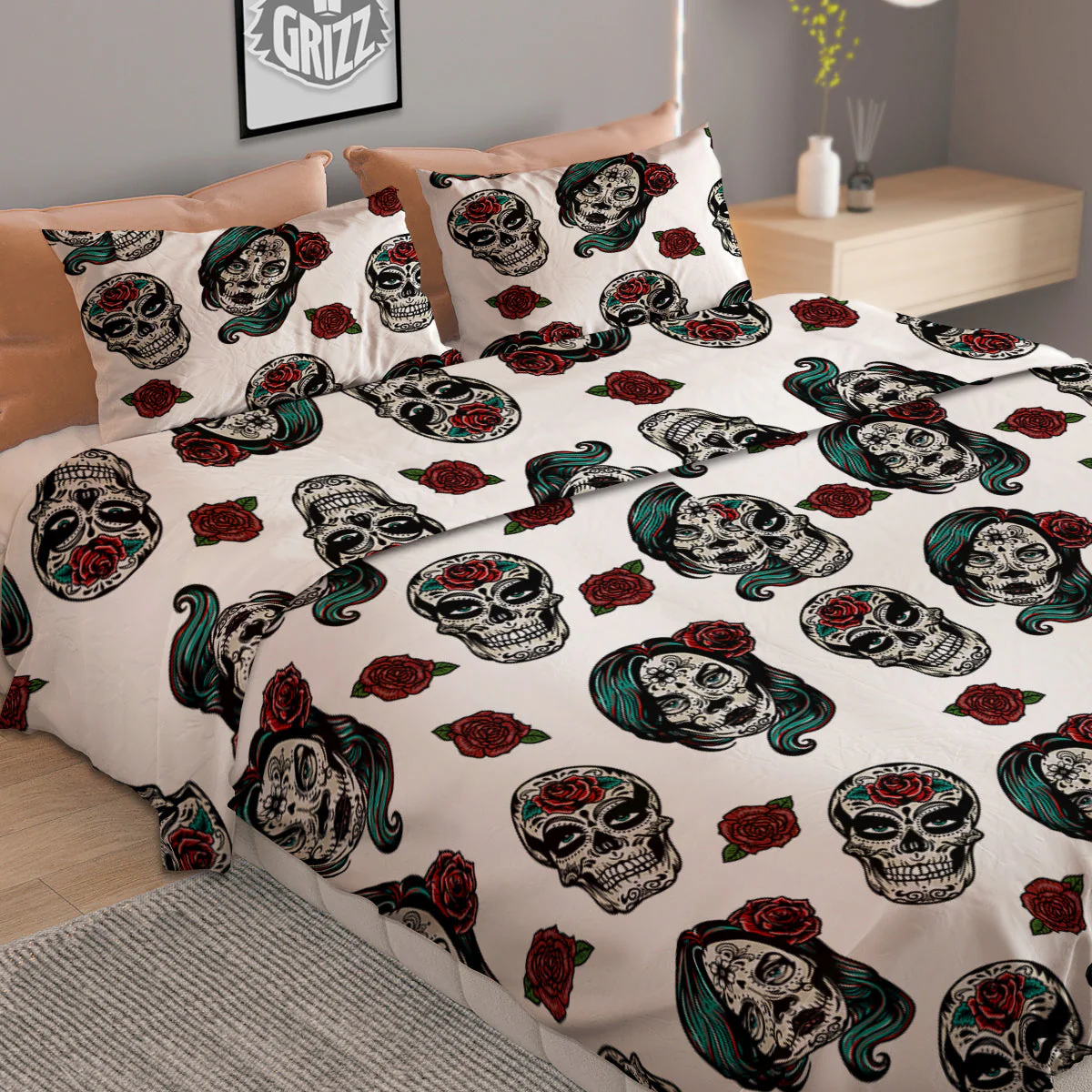 Sugar Skull White Floral Print Pattern Duvet Cover Bedding Set - Image 2