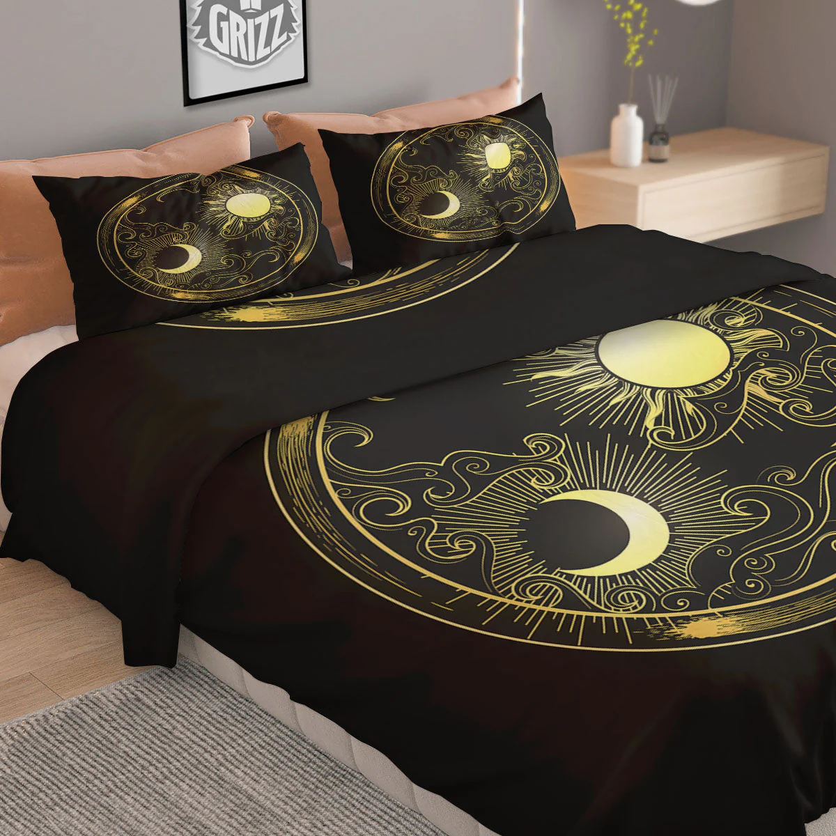 Sun And Gold Moon Print Duvet Cover Bedding Set - Image 2