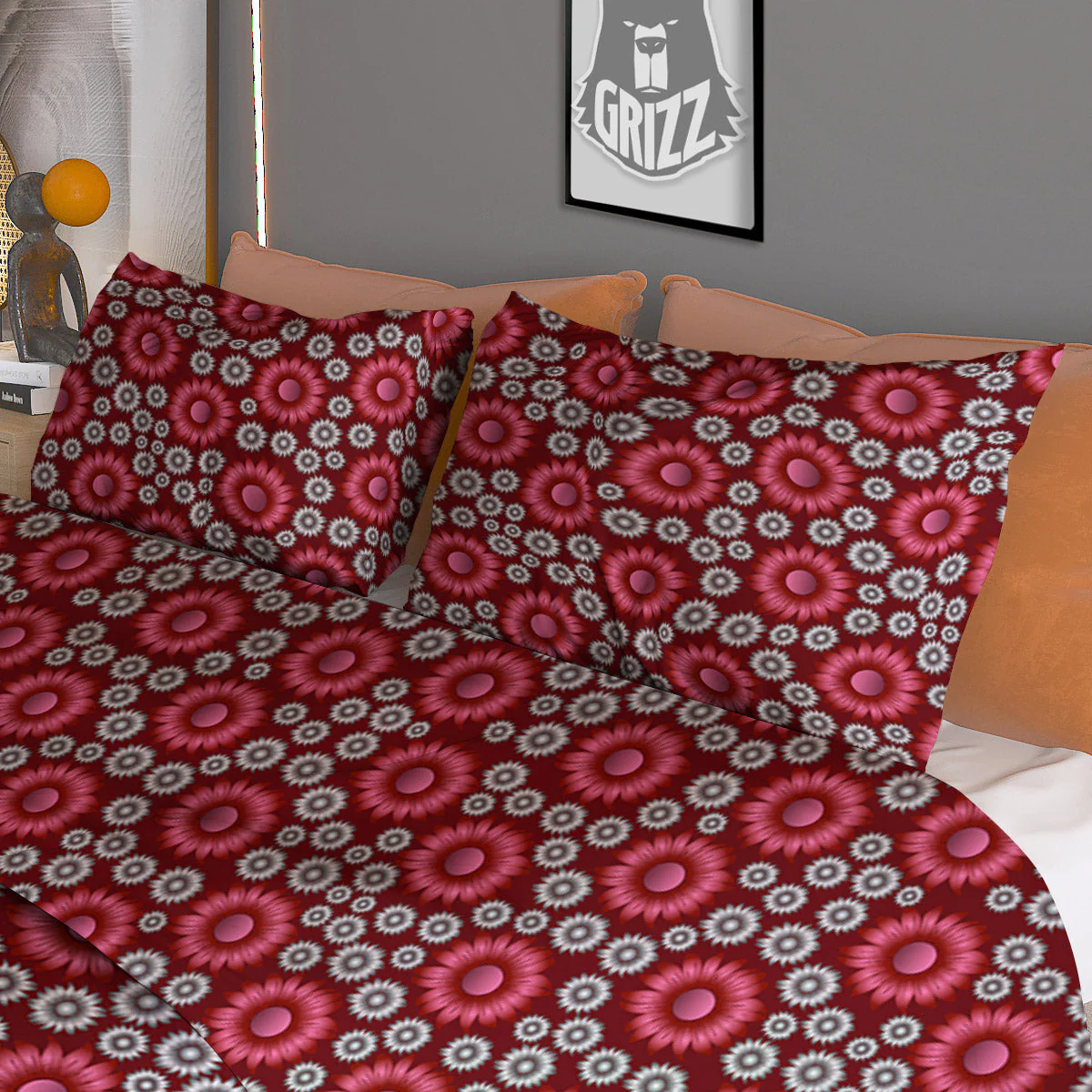 Sunflower Burgundy Print Pattern Duvet Cover Bedding Set - Image 3