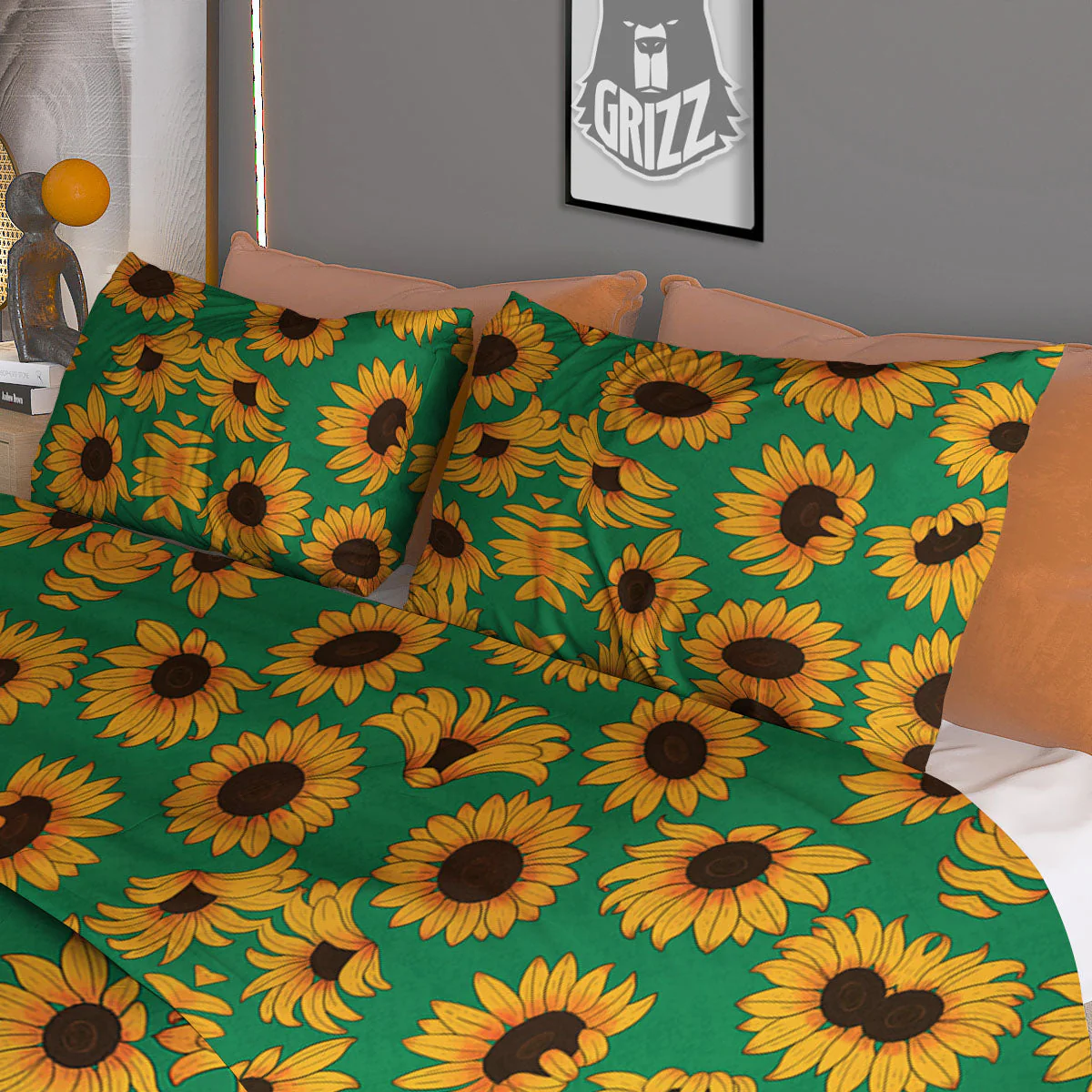 Sunflower Green Print Pattern Duvet Cover Bedding Set - Image 3