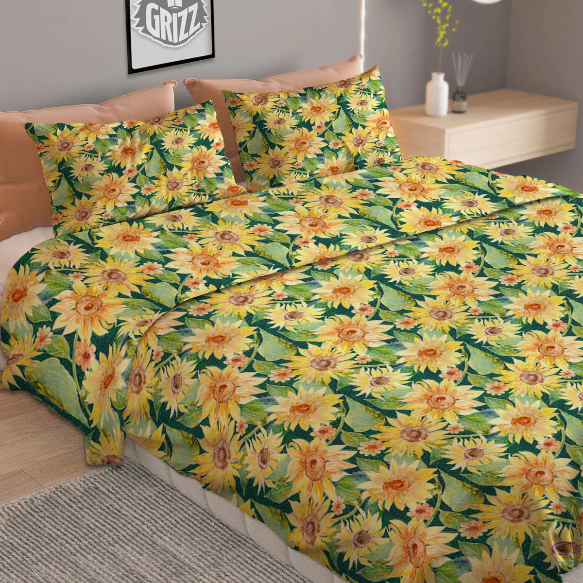 Sunflower Green Watercolor Print Pattern Duvet Cover Bedding Set - Image 2