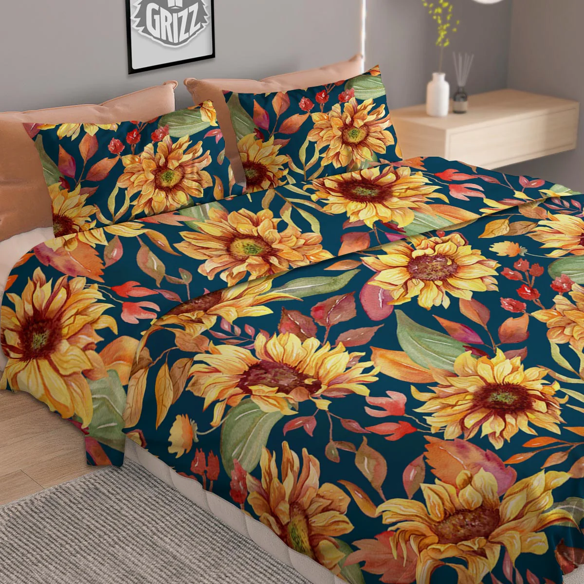 Sunflower Sage Watercolor Print Pattern Duvet Cover Bedding Set - Image 2