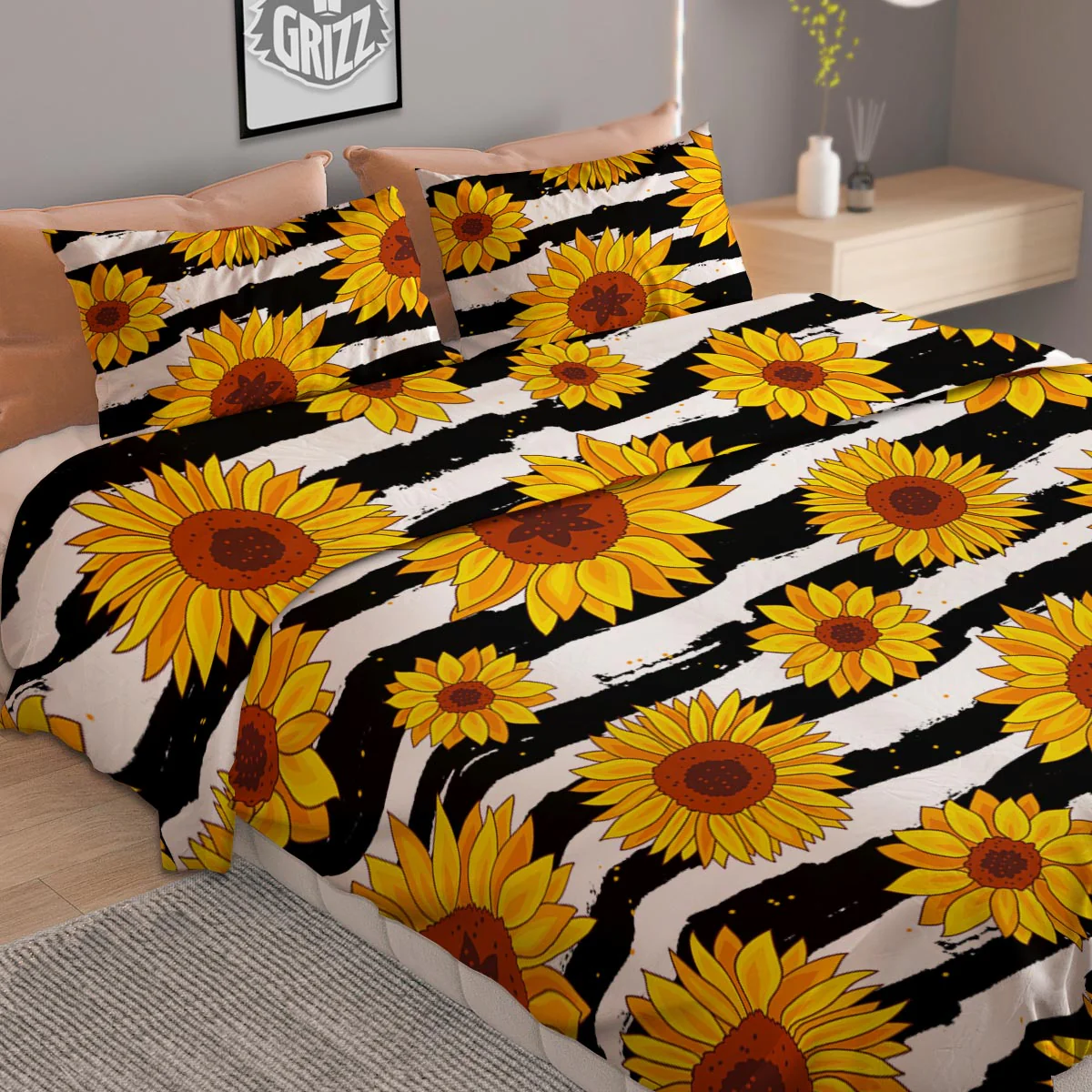 Sunflower Stripe Print Pattern Duvet Cover Bedding Set - Image 2