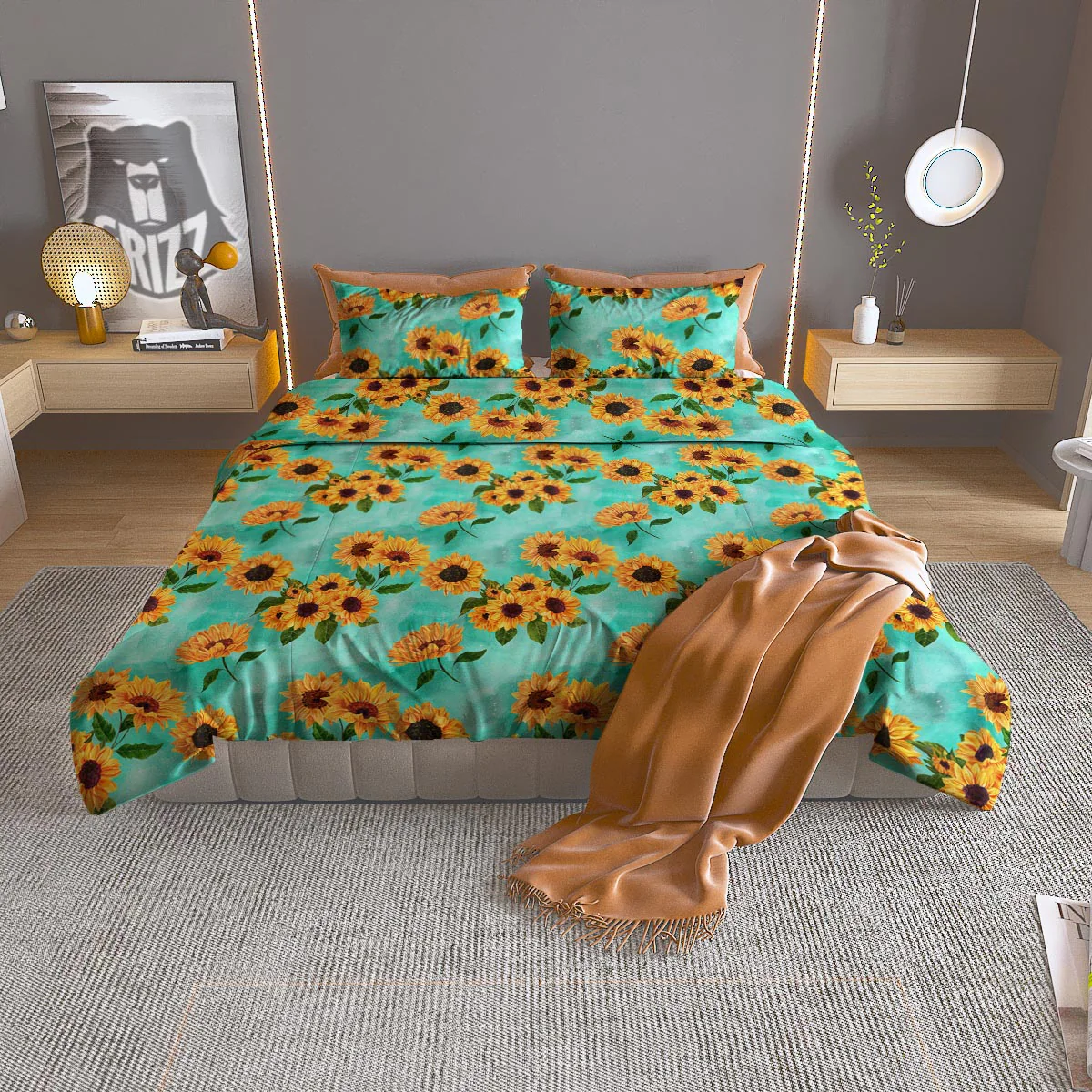 Sunflower Teal Watercolor Print Pattern Duvet Cover Bedding Set