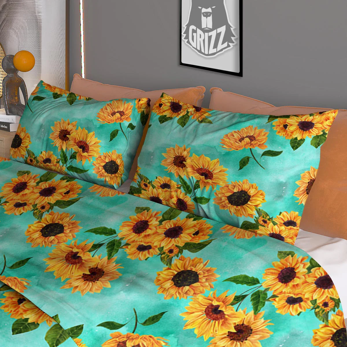 Sunflower Teal Watercolor Print Pattern Duvet Cover Bedding Set - Image 3