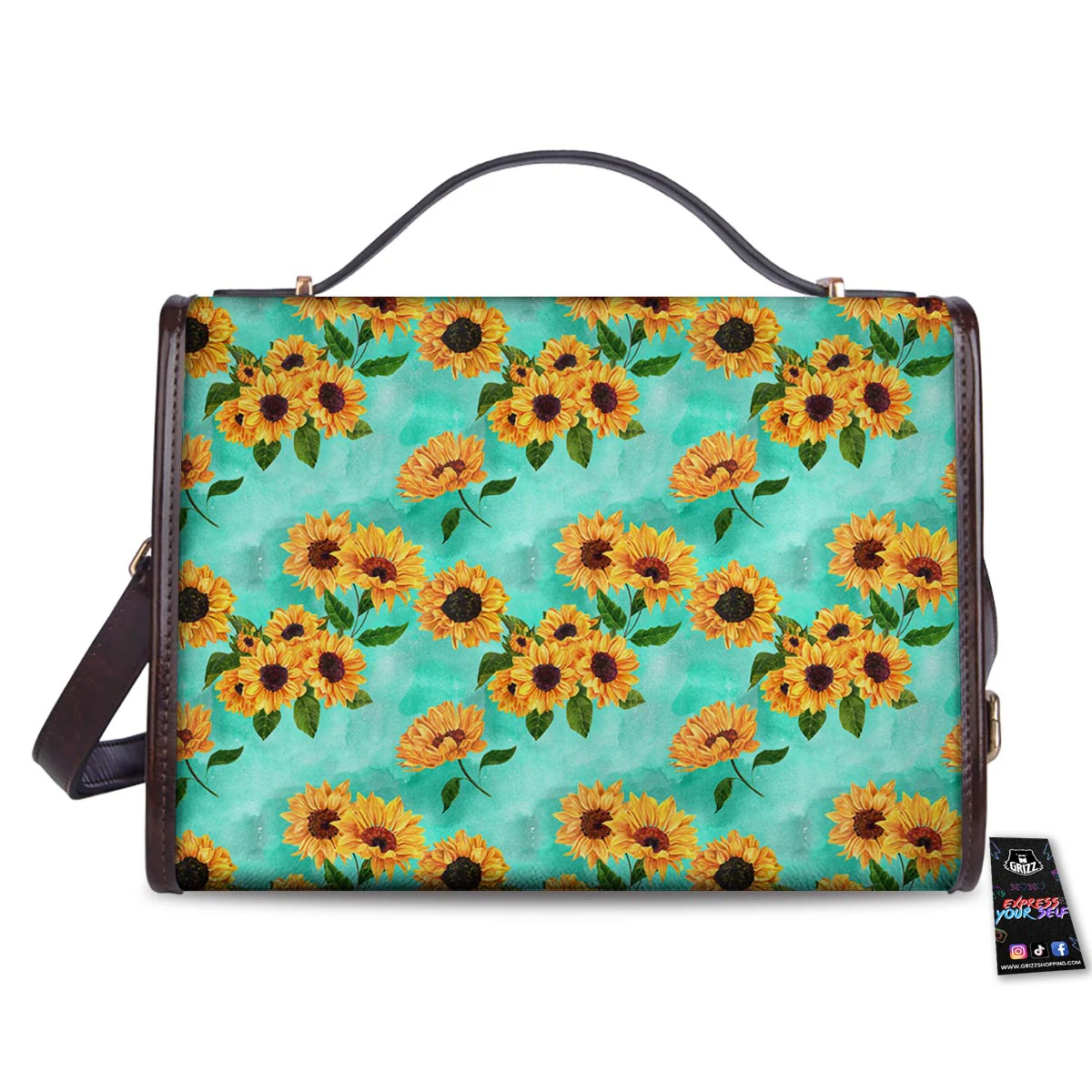 Sunflower Teal Watercolor Print Pattern Women's Satchel Bag - Image 2