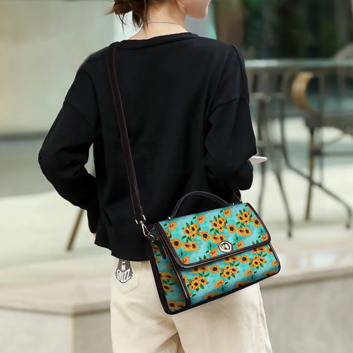 Sunflower Teal Watercolor Print Pattern Women's Satchel Bag - Image 3
