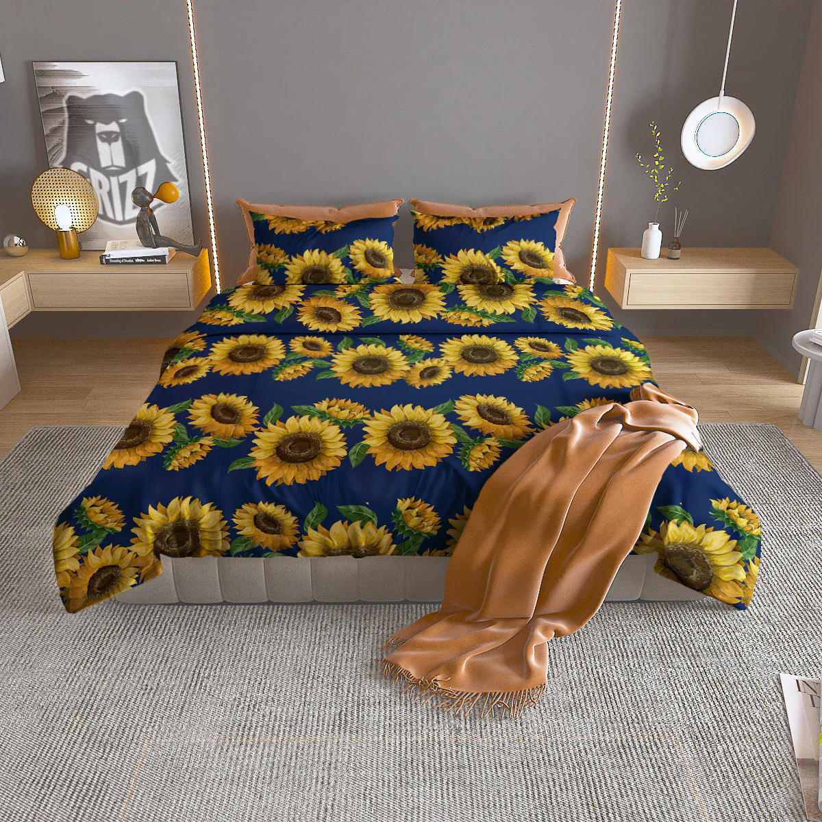 Sunflower Watercolor Print Pattern Duvet Cover Bedding Set