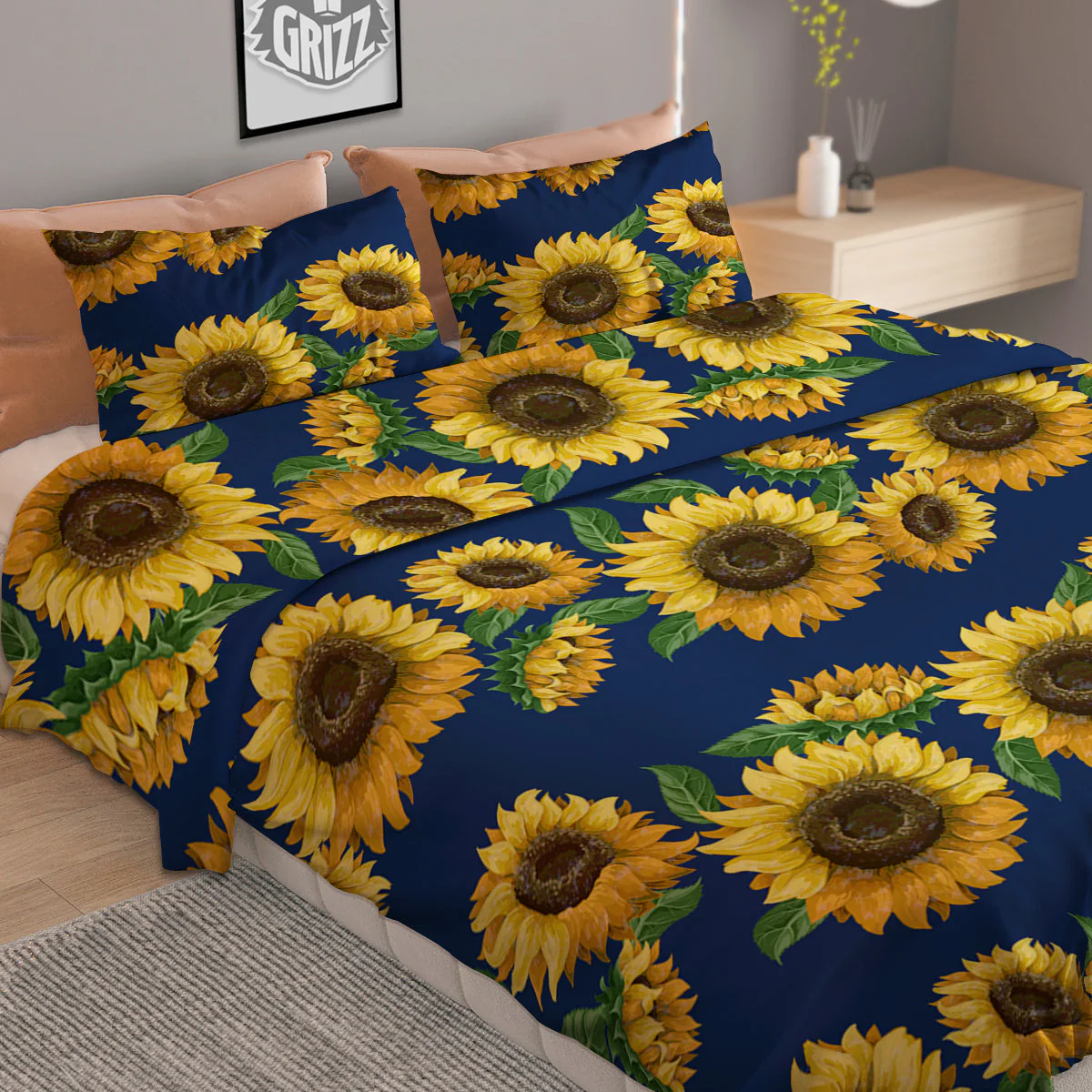 Sunflower Watercolor Print Pattern Duvet Cover Bedding Set - Image 2