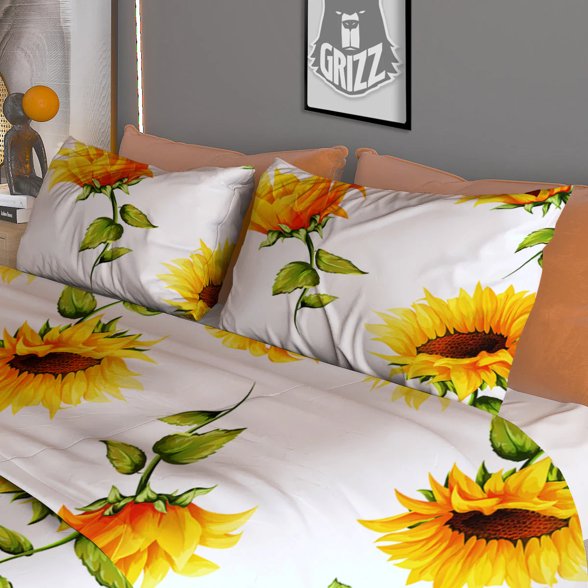 Sunflower White Watercolor Print Pattern Duvet Cover Bedding Set - Image 3