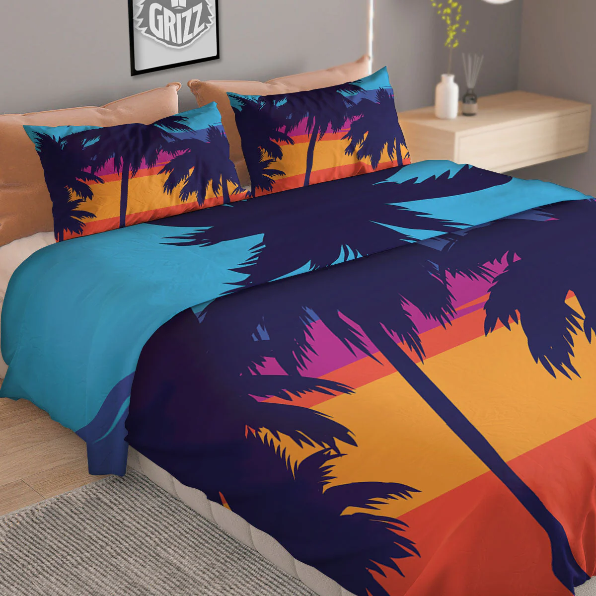 Sunset On The Beach And Palm Trees Print Duvet Cover Bedding Set - Image 2