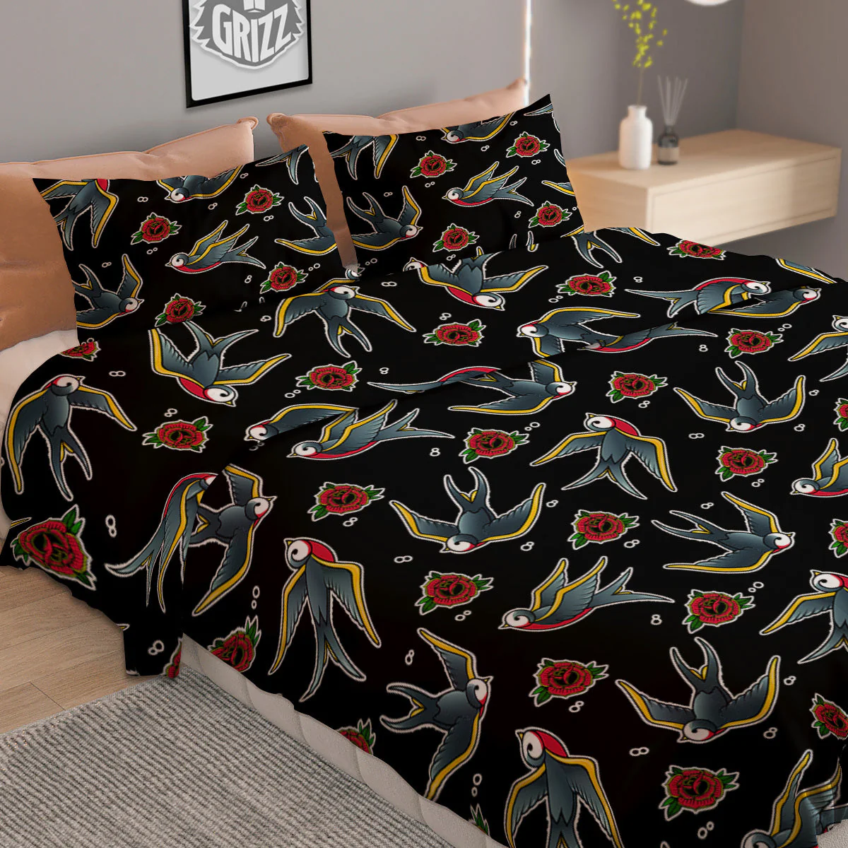 Swallows And Roses Tattoo Print Pattern Duvet Cover Bedding Set - Image 2