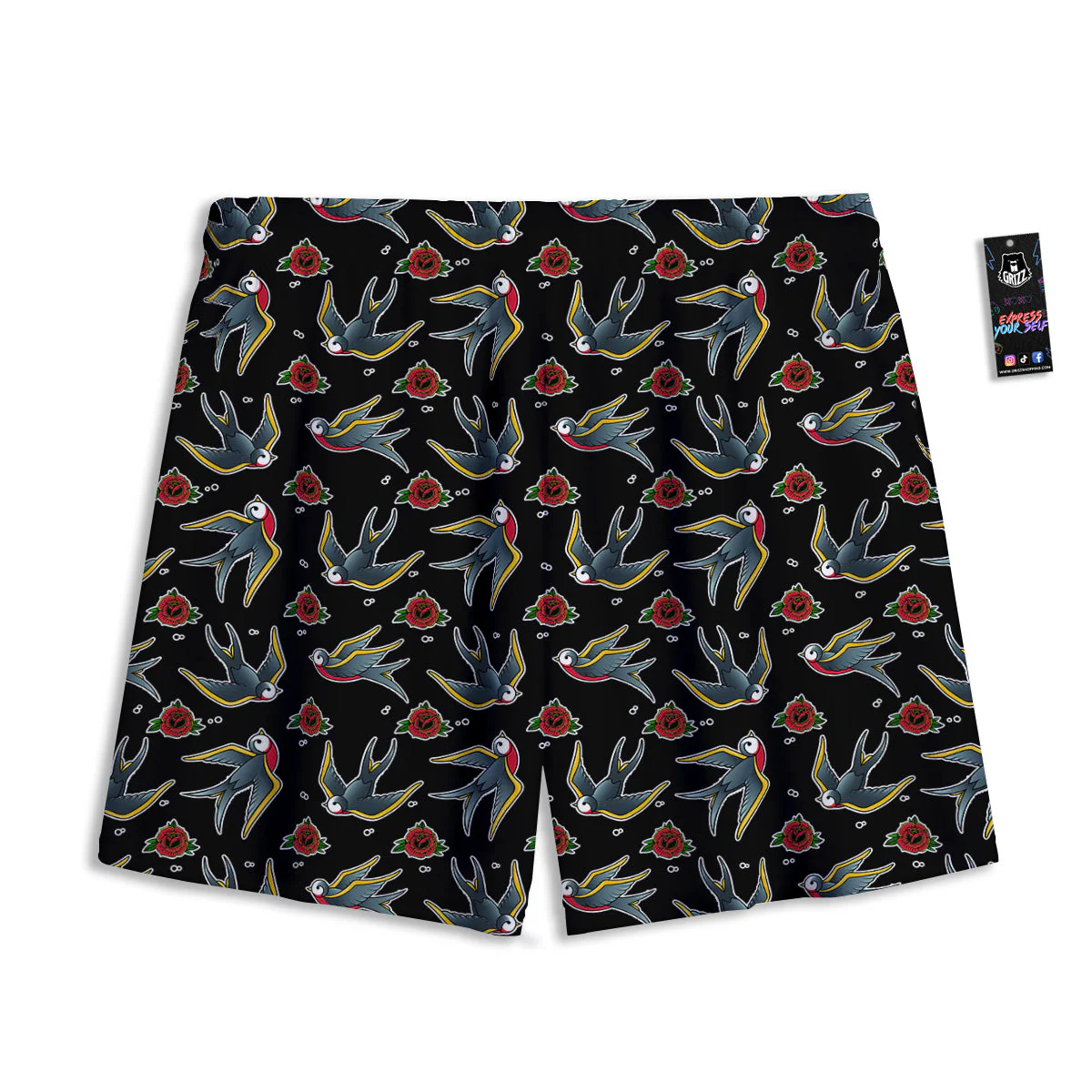 Swallows And Roses Tattoo Print Pattern Mesh Shorts - Image 2