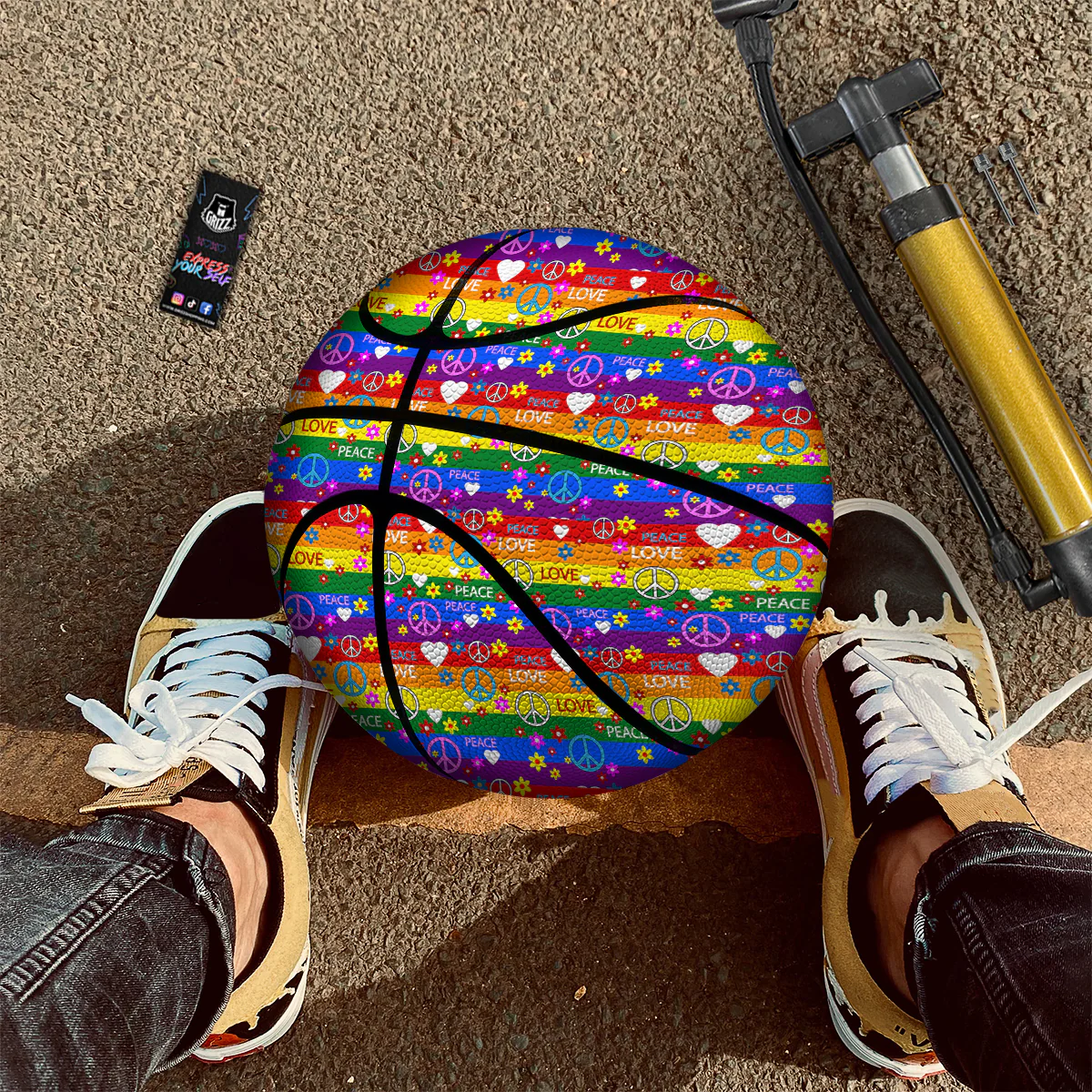 Symbols Of The Hippie And Rainbow Print Basketball - Image 2