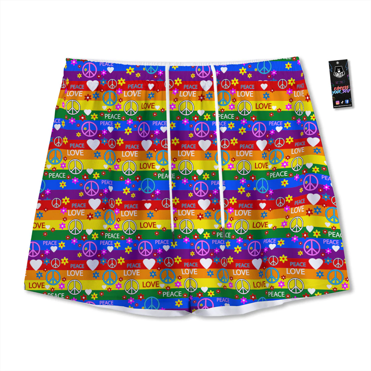 Symbols Of The Hippie And Rainbow Print Mesh Shorts