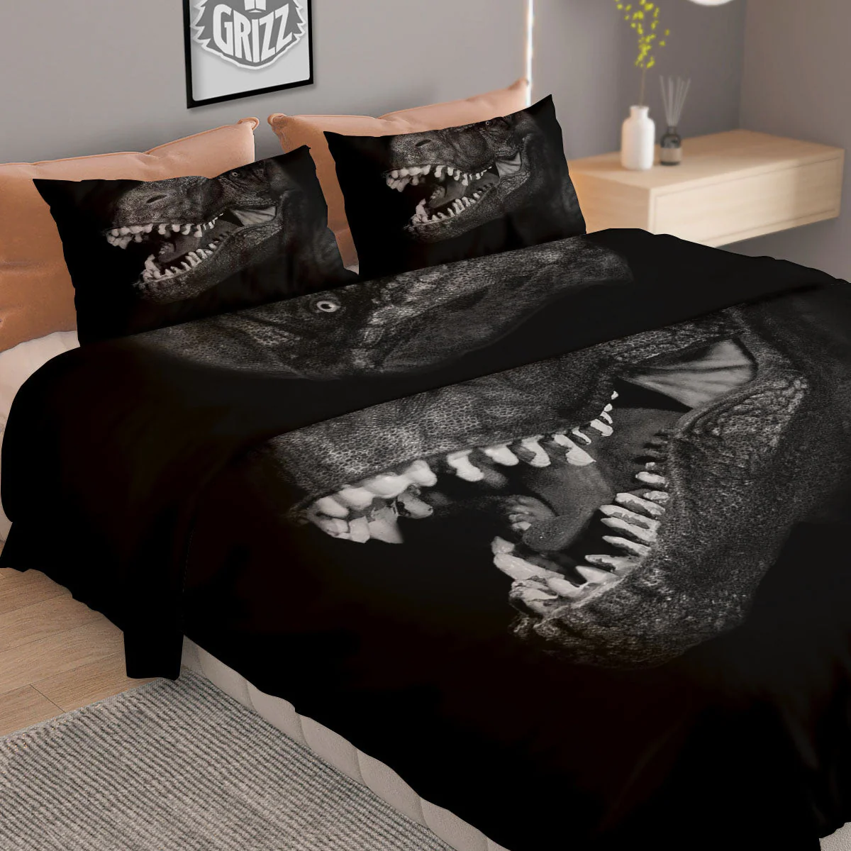 T-Rex Dinosaur White And Black Print Duvet Cover Bedding Set - Image 2