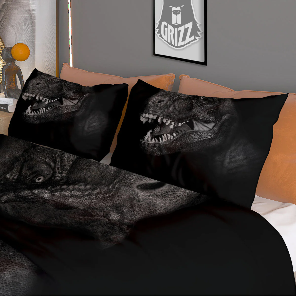 T-Rex Dinosaur White And Black Print Duvet Cover Bedding Set - Image 3
