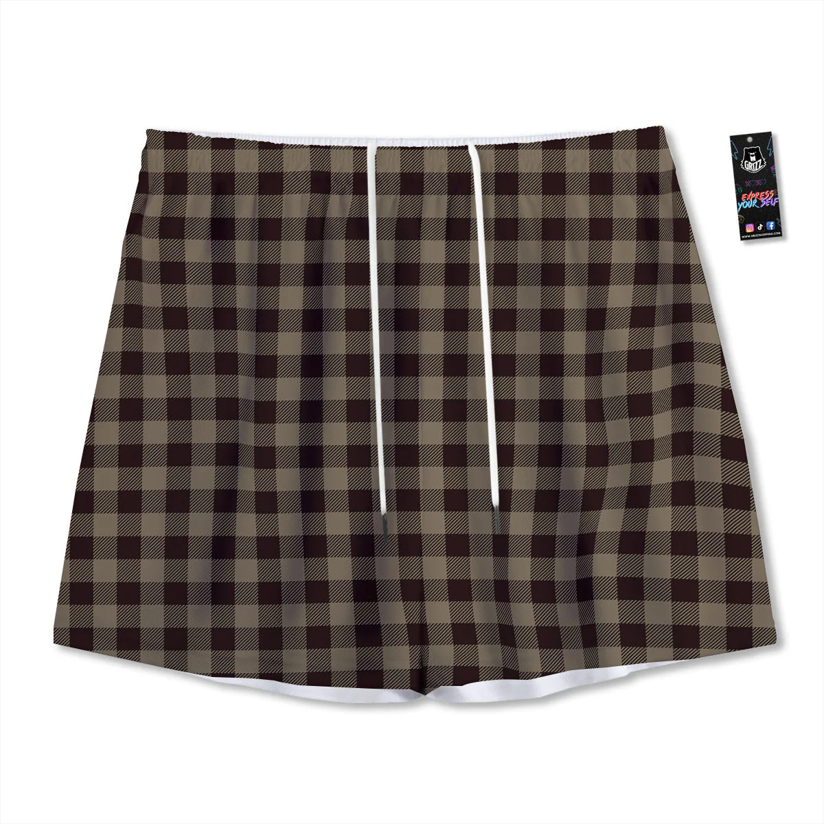 Tan Dark And Black Check Print Pattern Mesh Shorts