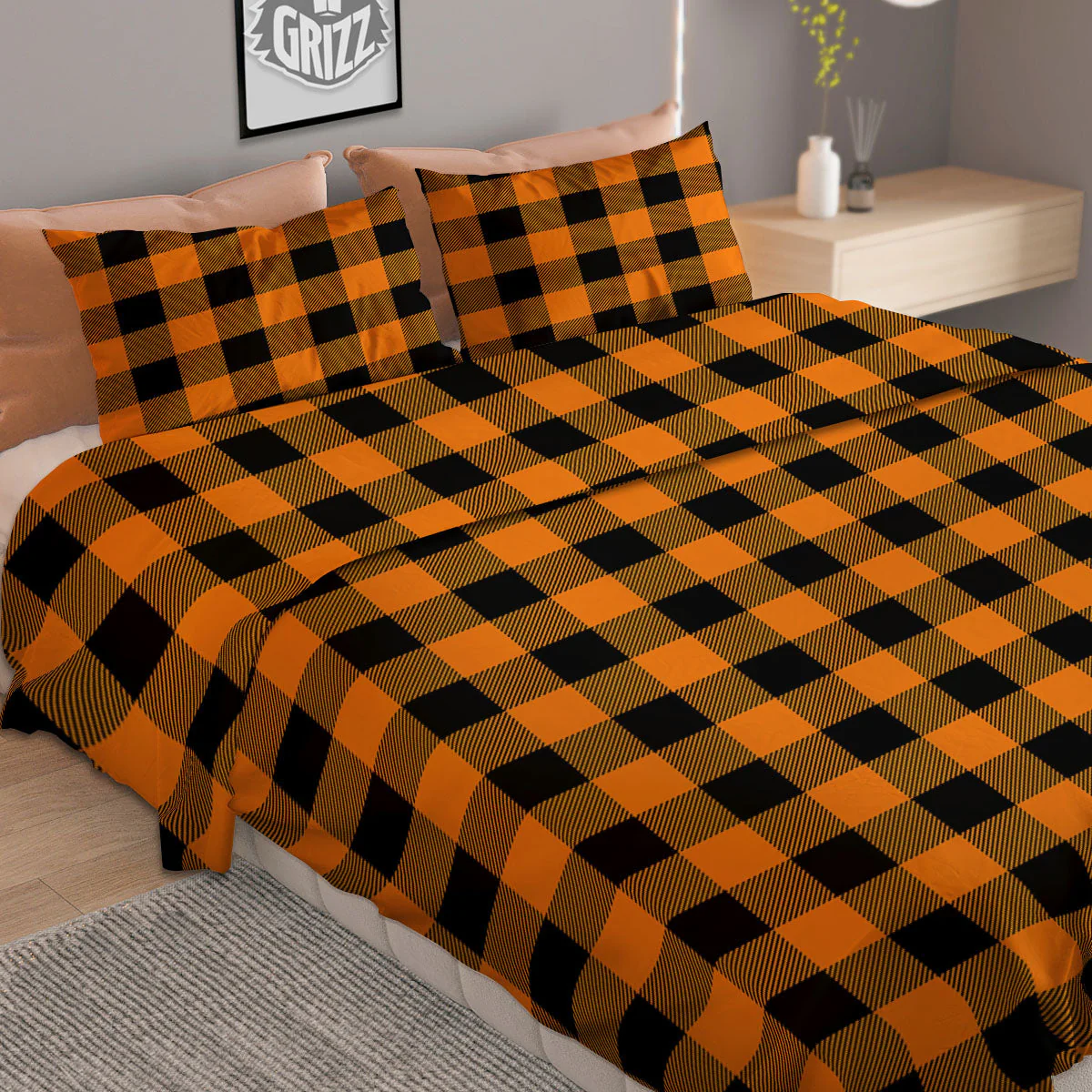 Tartan Black And Orange Print Pattern Duvet Cover Bedding Set - Image 2