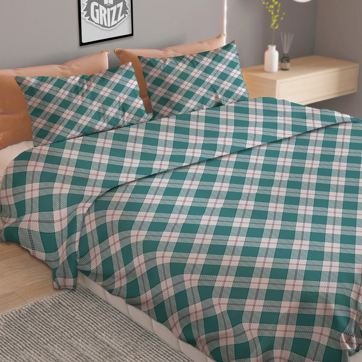 Tartan Green Red And White Print Duvet Cover Bedding Set - Image 2